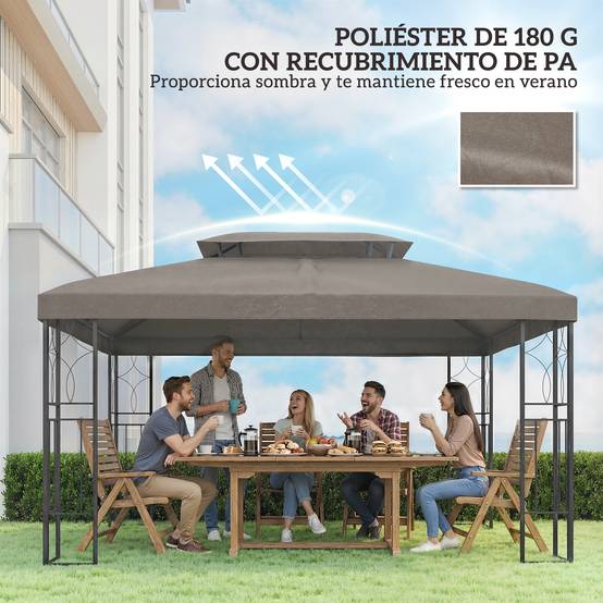 Toile de Rechange Tonnelle 4x3m Polyester Toit Double Aération Protection UV Marron - ComfortXL Outdoor Living - Image 8