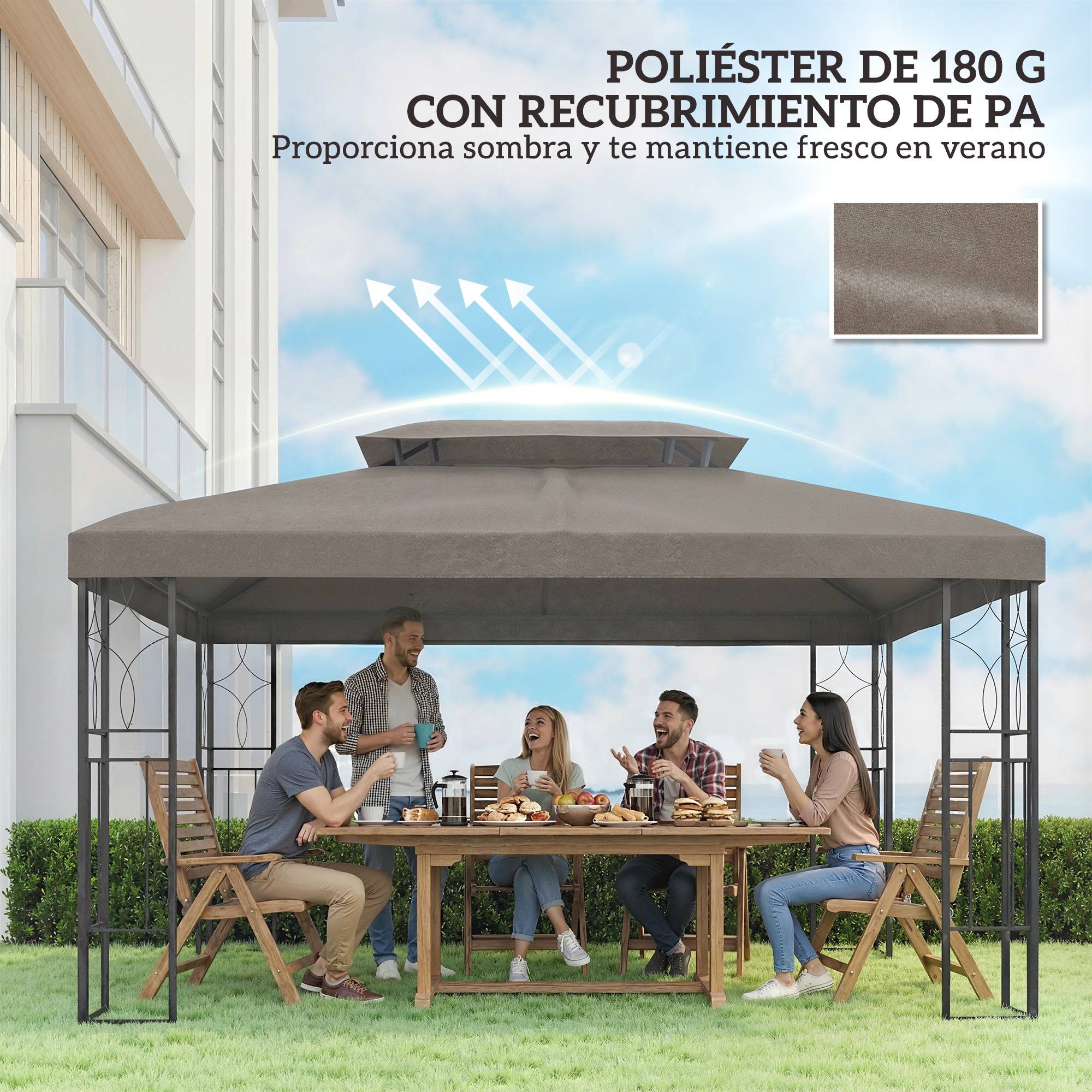 Toile de Rechange Tonnelle 4x3m Polyester Toit Double Aération Protection UV Marron - ComfortXL Outdoor Living - Image 8