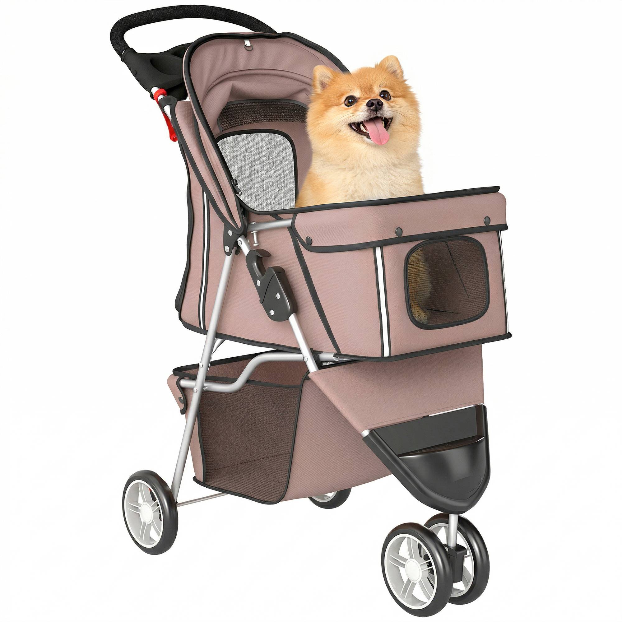 Poussette pour Chien 4 Roues, Chariot Pliable avec Auvent Réglable, Panier de Rangement, 77x44x102cm, Café - Image 1