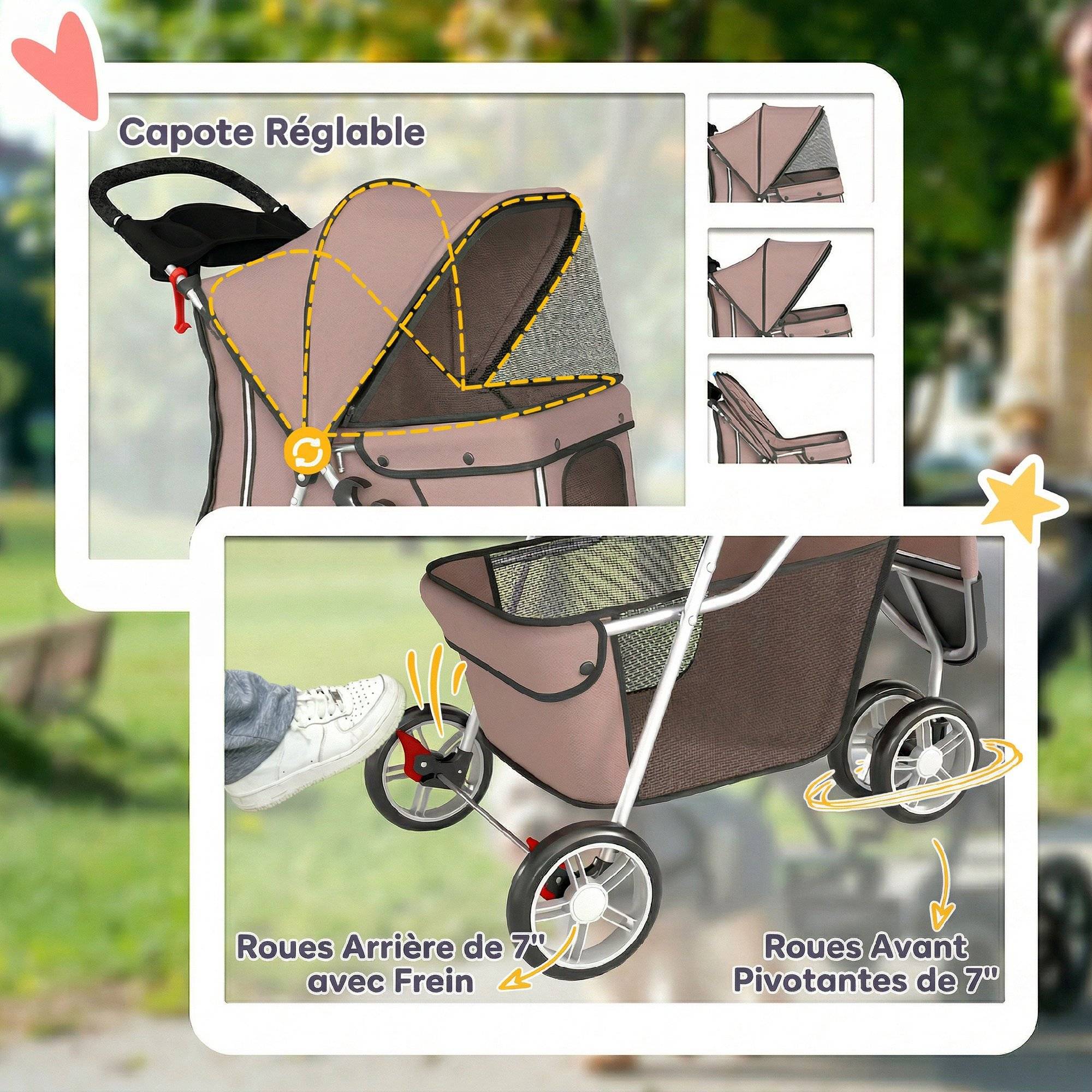 Poussette pour Chien 4 Roues, Chariot Pliable avec Auvent Réglable, Panier de Rangement, 77x44x102cm, Café - Image 8