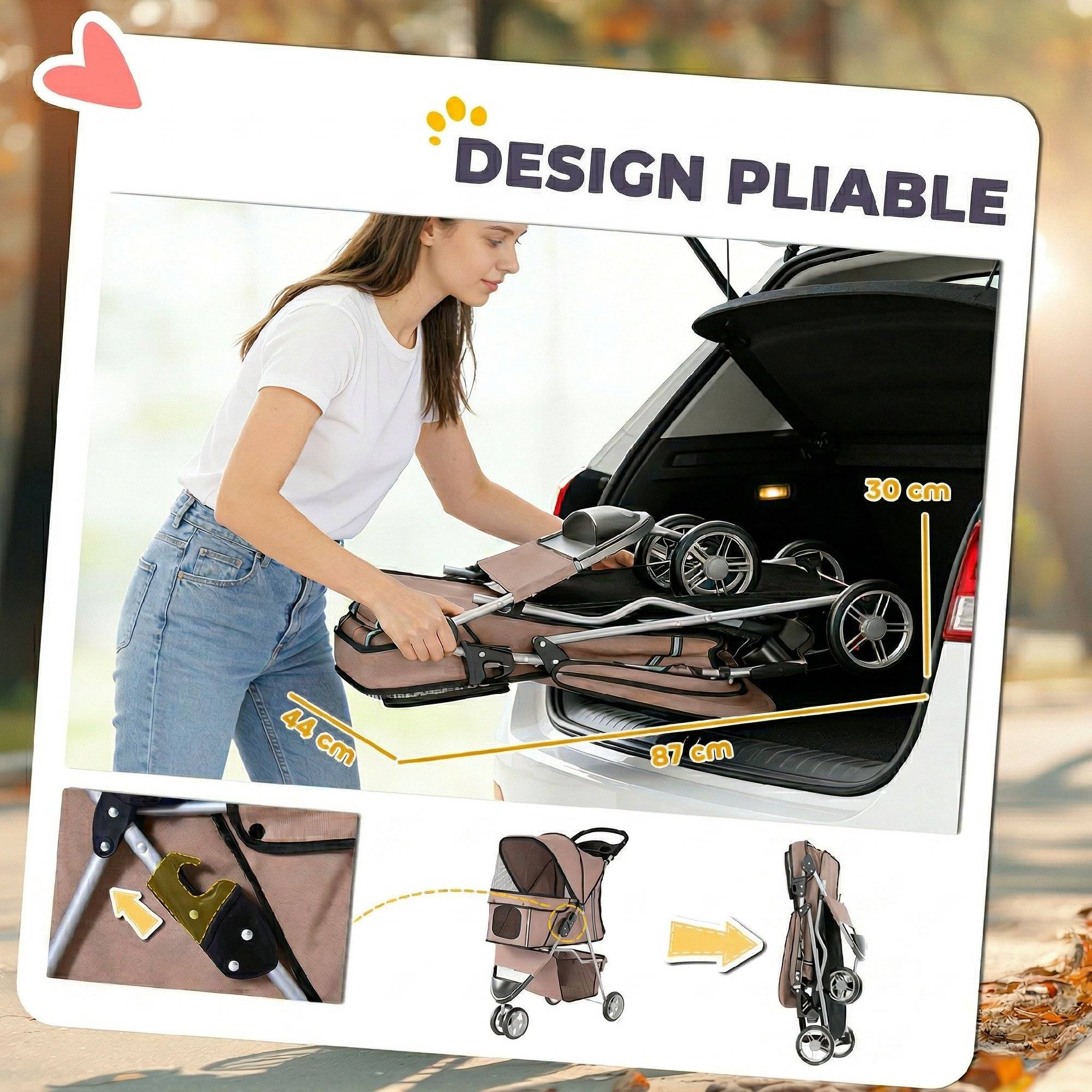 Poussette pour Chien 4 Roues, Chariot Pliable avec Auvent Réglable, Panier de Rangement, 77x44x102cm, Café - Image 7