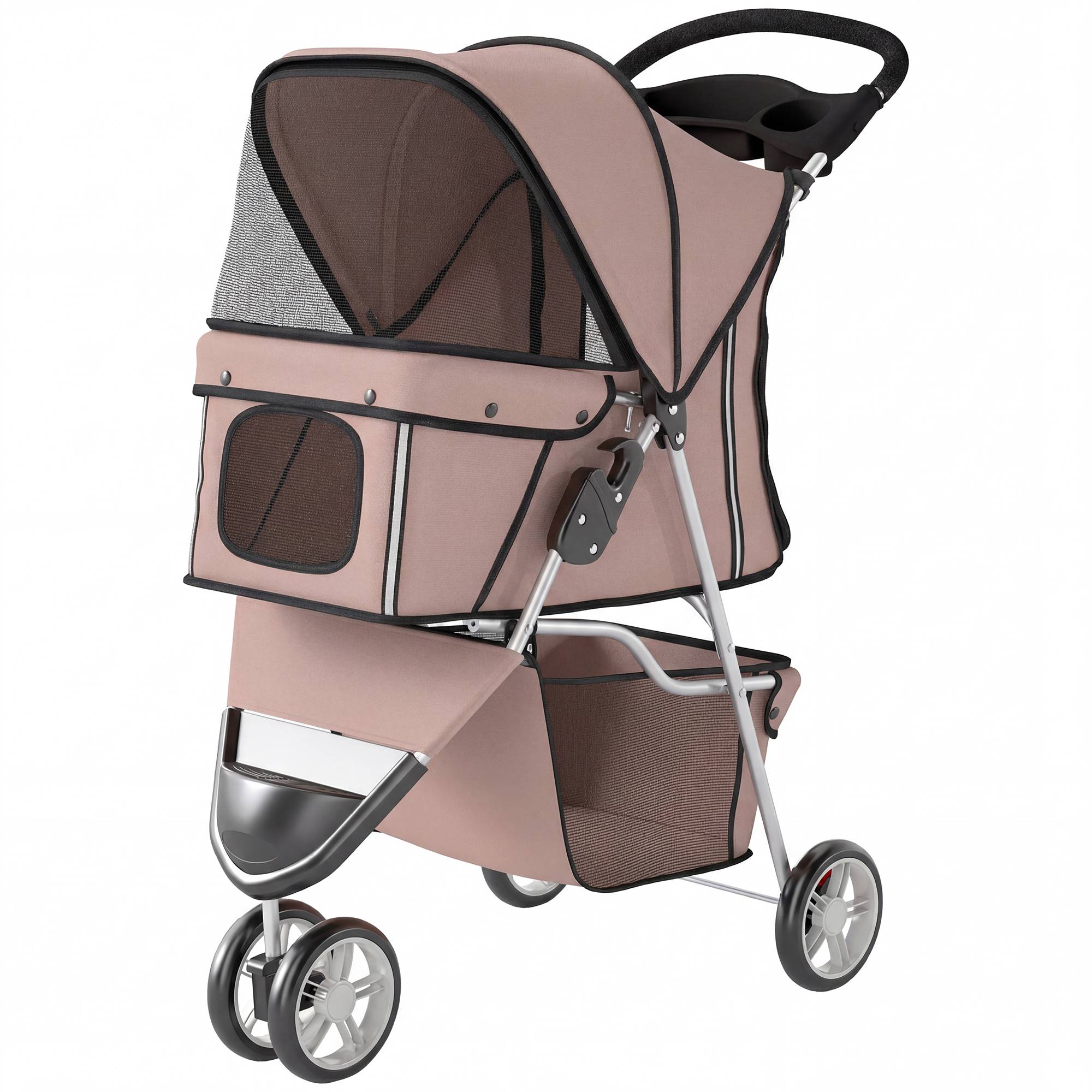 Poussette pour Chien 4 Roues, Chariot Pliable avec Auvent Réglable, Panier de Rangement, 77x44x102cm, Café - Image 2