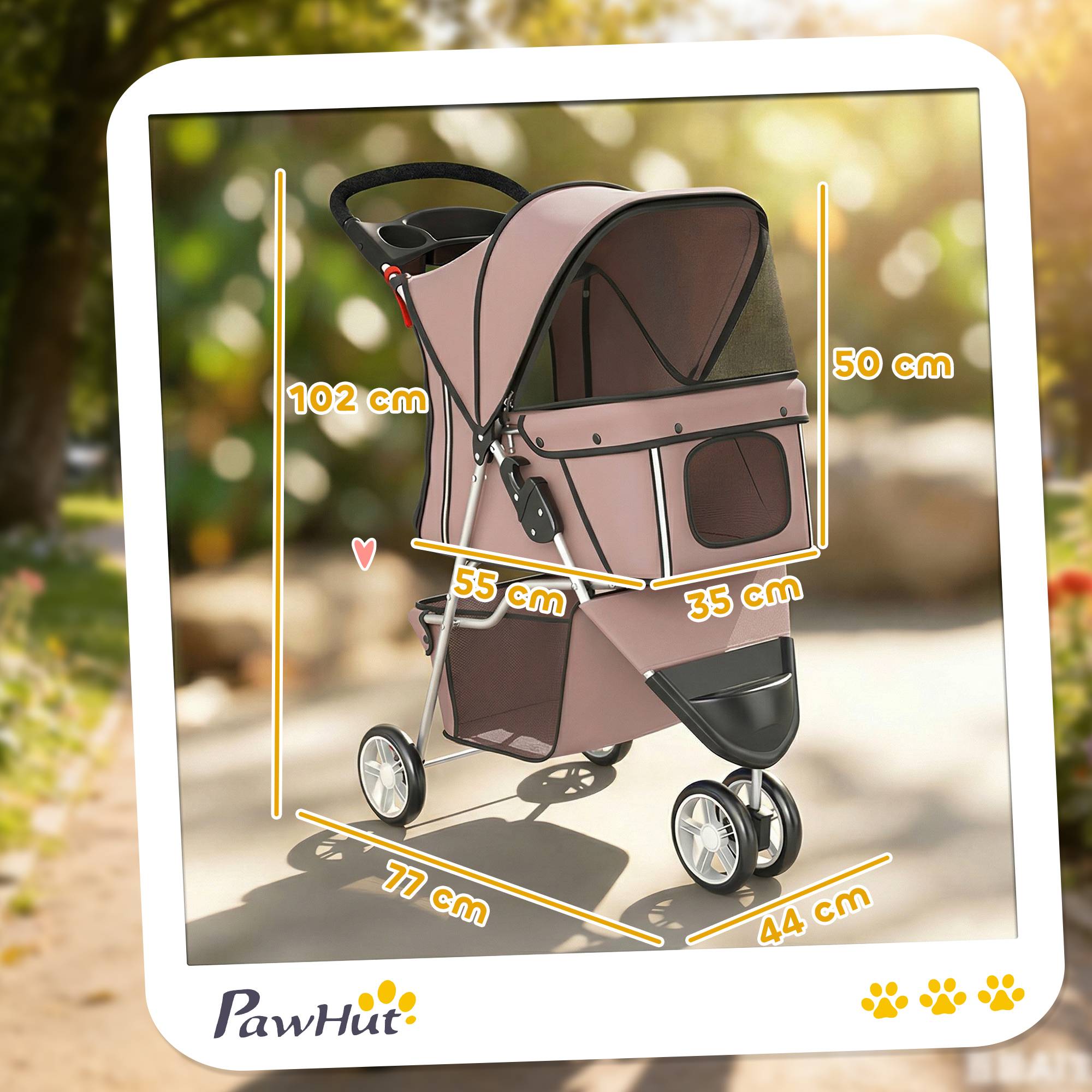 Poussette pour Chien 4 Roues, Chariot Pliable avec Auvent Réglable, Panier de Rangement, 77x44x102cm, Café - Image 5