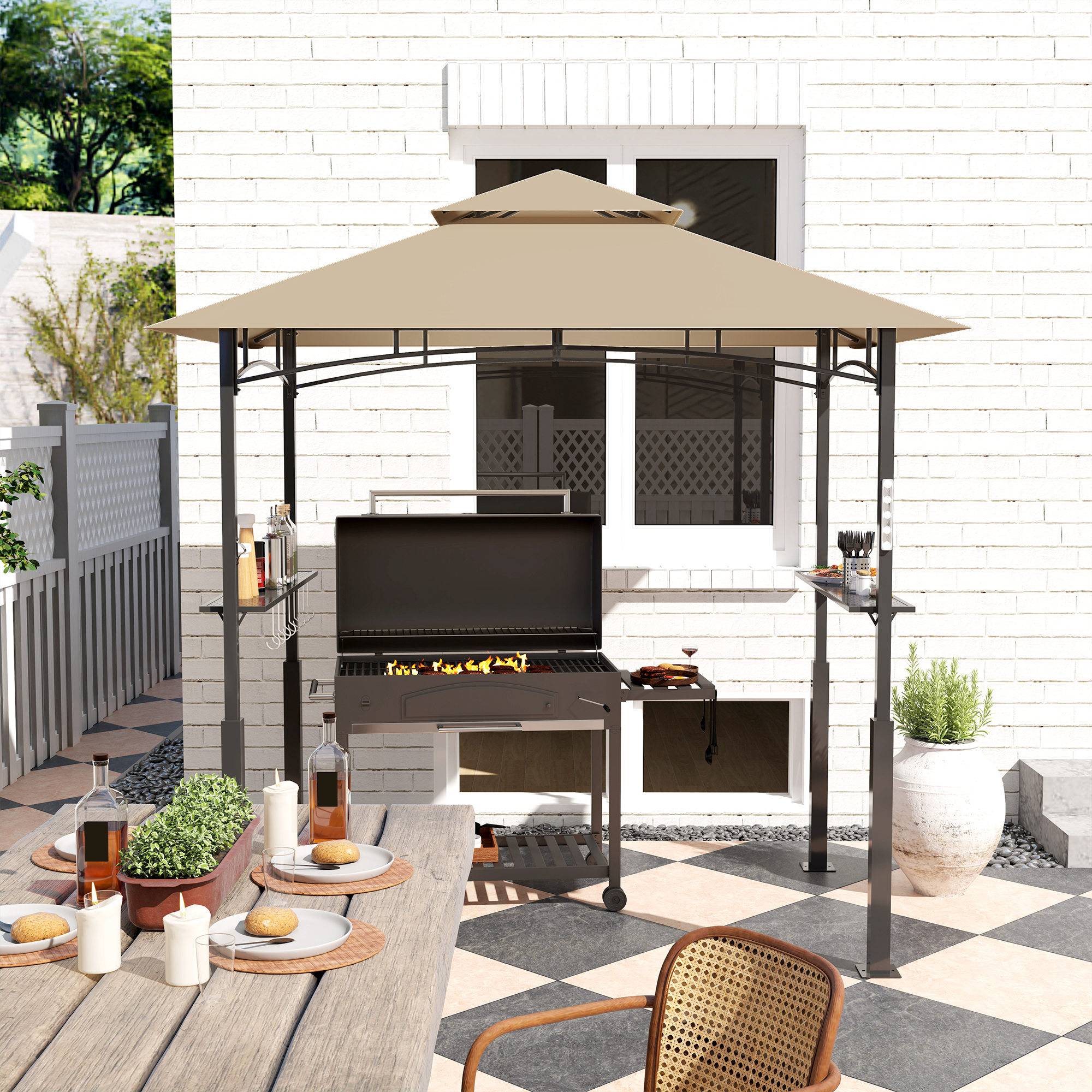 Tonnelle de barbecue à deux niveaux auvent de réception pour jardin avec lumière LED 240 x 150 x 250 cm kaki - Image 10