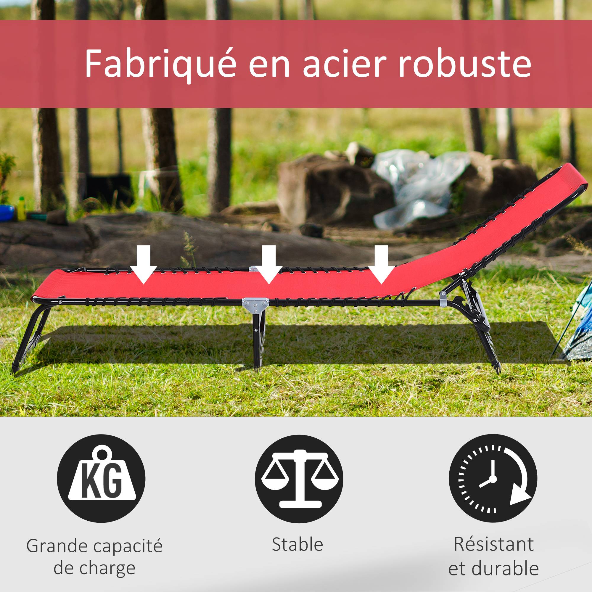 Outsunny - Bain de soleil transat pliable dossier inclinable multi-positions acier thermoplastique lacets élastiques noir textilène rouge - Outsunny - Image 4