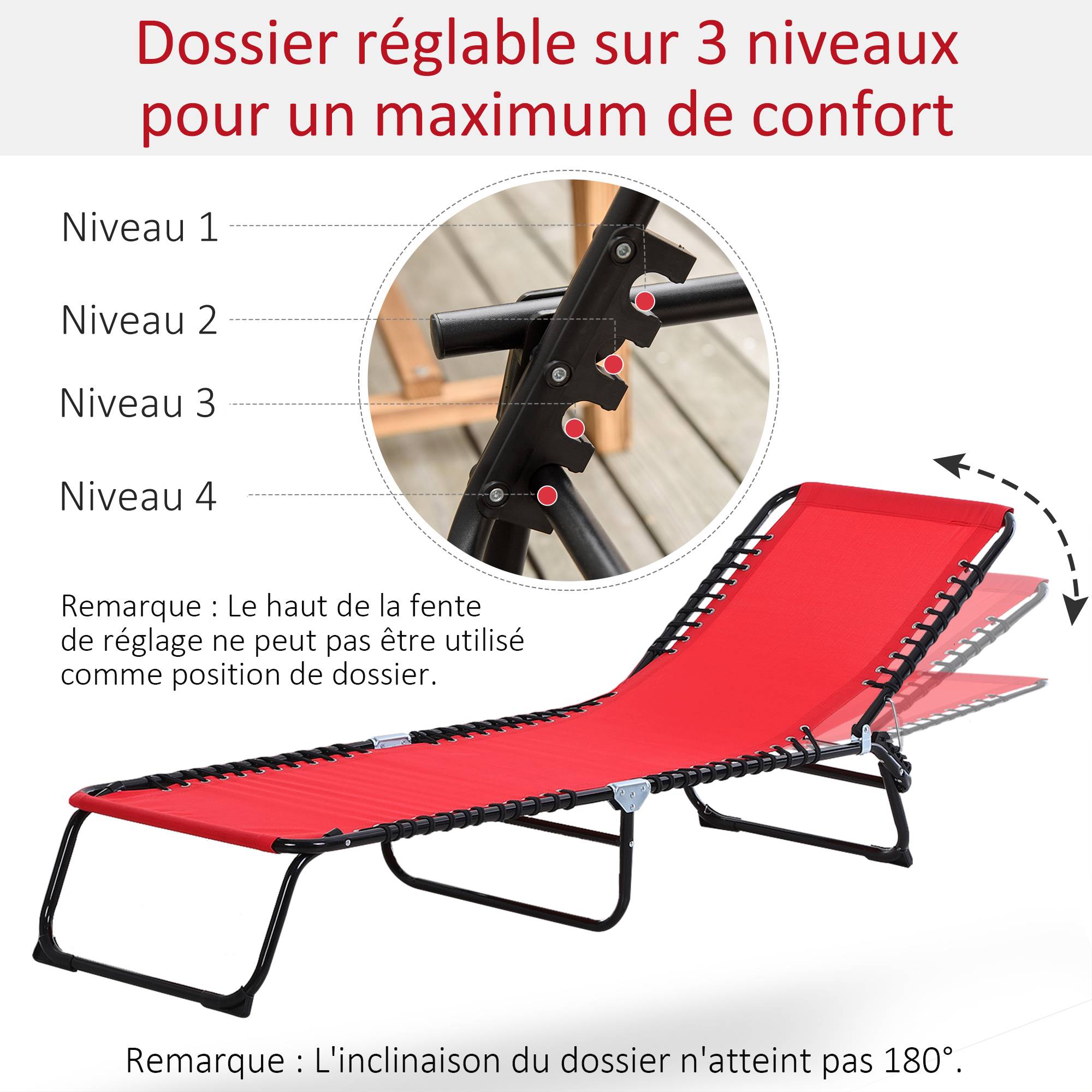 Outsunny - Bain de soleil transat pliable dossier inclinable multi-positions acier thermoplastique lacets élastiques noir textilène rouge - Outsunny - Image 5