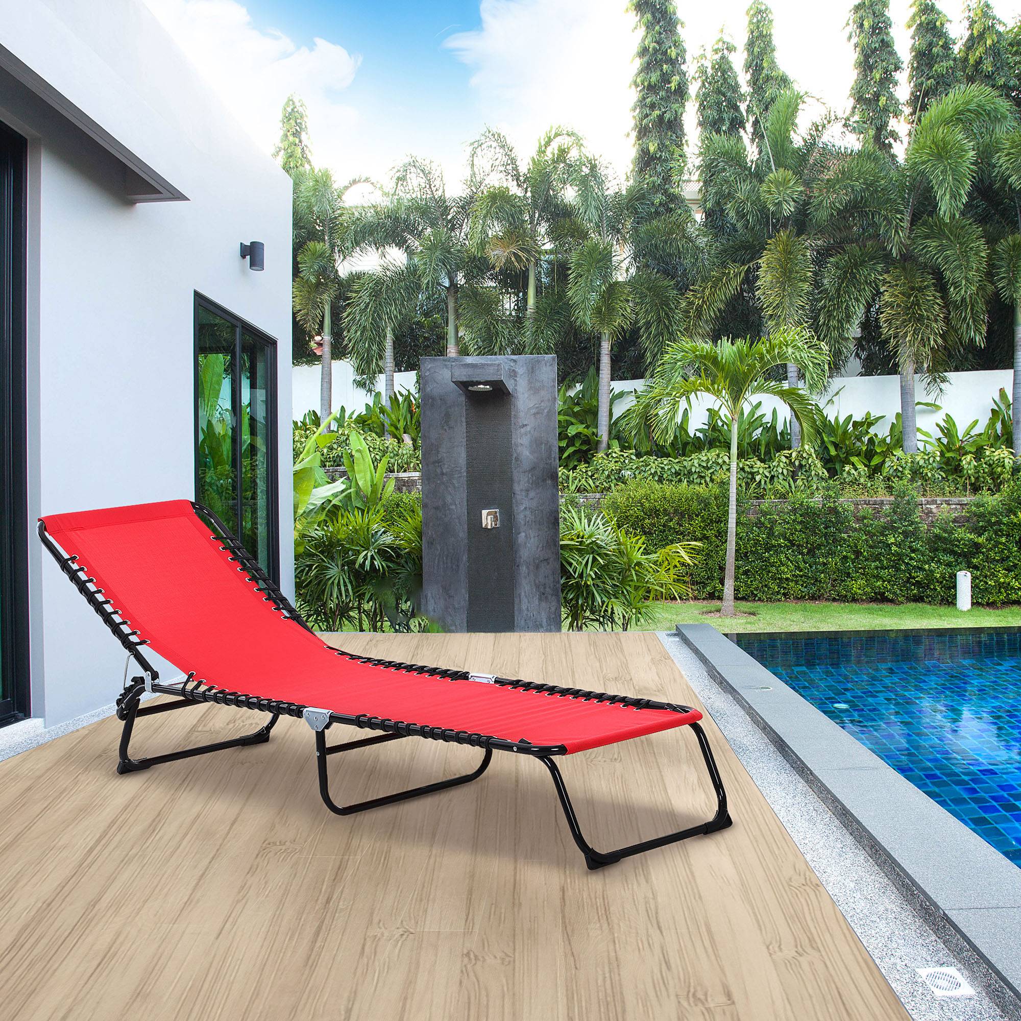 Outsunny - Bain de soleil transat pliable dossier inclinable multi-positions acier thermoplastique lacets élastiques noir textilène rouge - Outsunny - Image 2