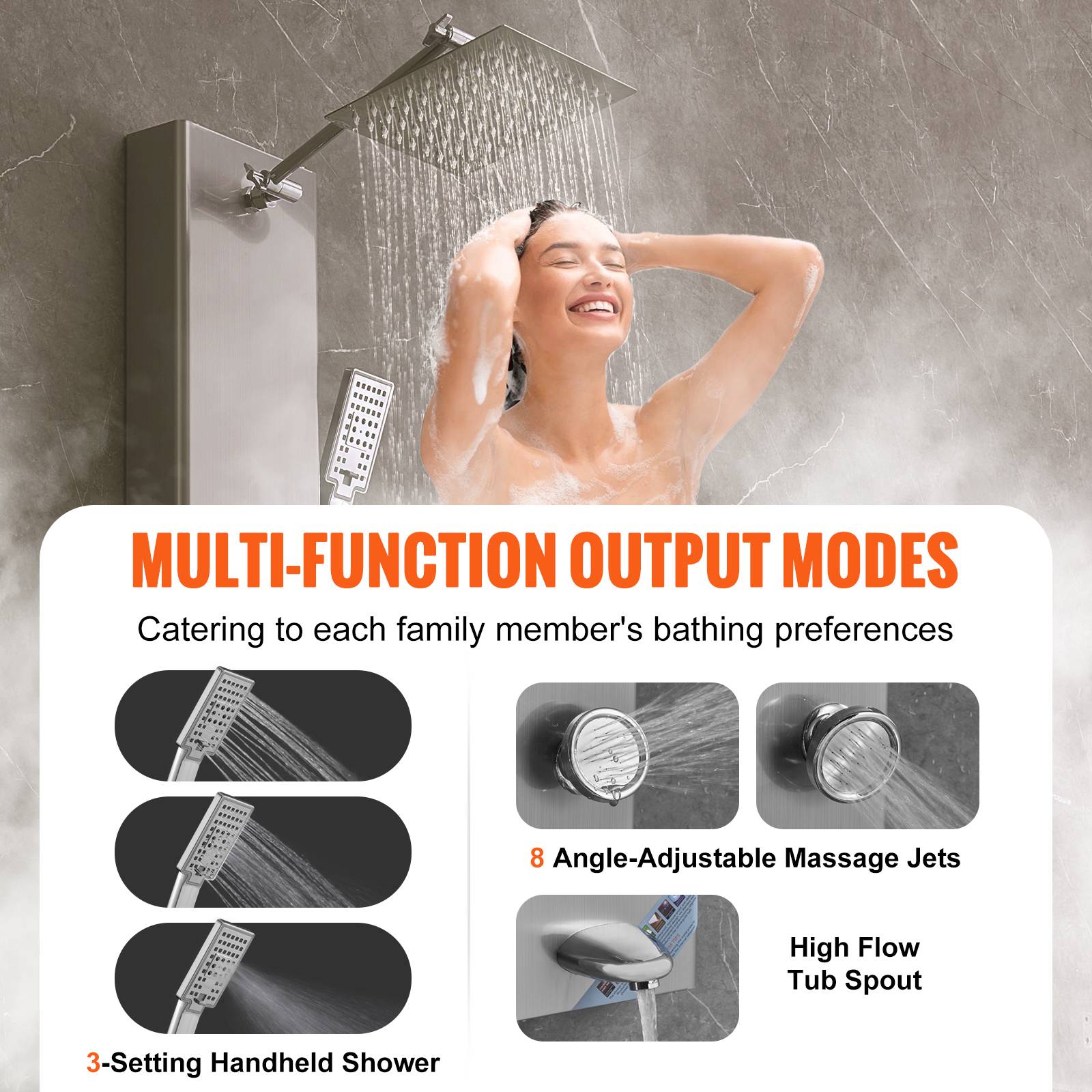 VEVOR Système panneau de douche 5 modes, affichage numérique, 8 jets massage, bec baignoire et pomme à main 3 réglages. - Image 3