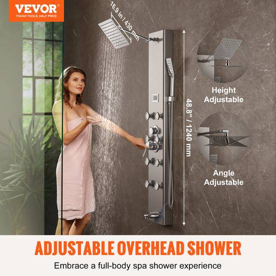 VEVOR Système panneau de douche 5 modes, affichage numérique, 8 jets massage, bec baignoire et pomme à main 3 réglages. - Image 2