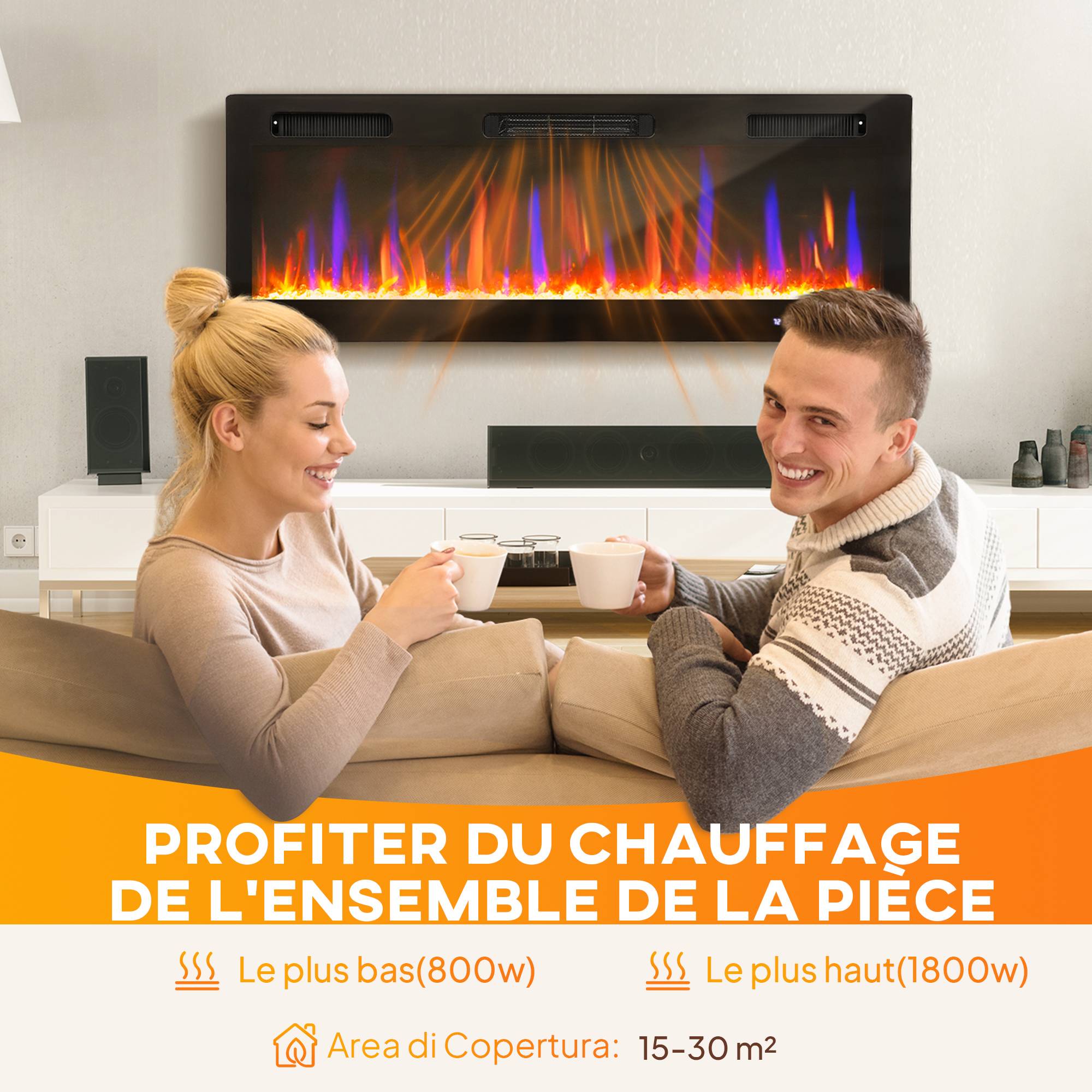 Cheminée électrique mural ou encastrable 900W/1800W, effet flamme à 12 couleurs 5 luminosités, 127 x 9,4 x 47 cm, noir - Image 9