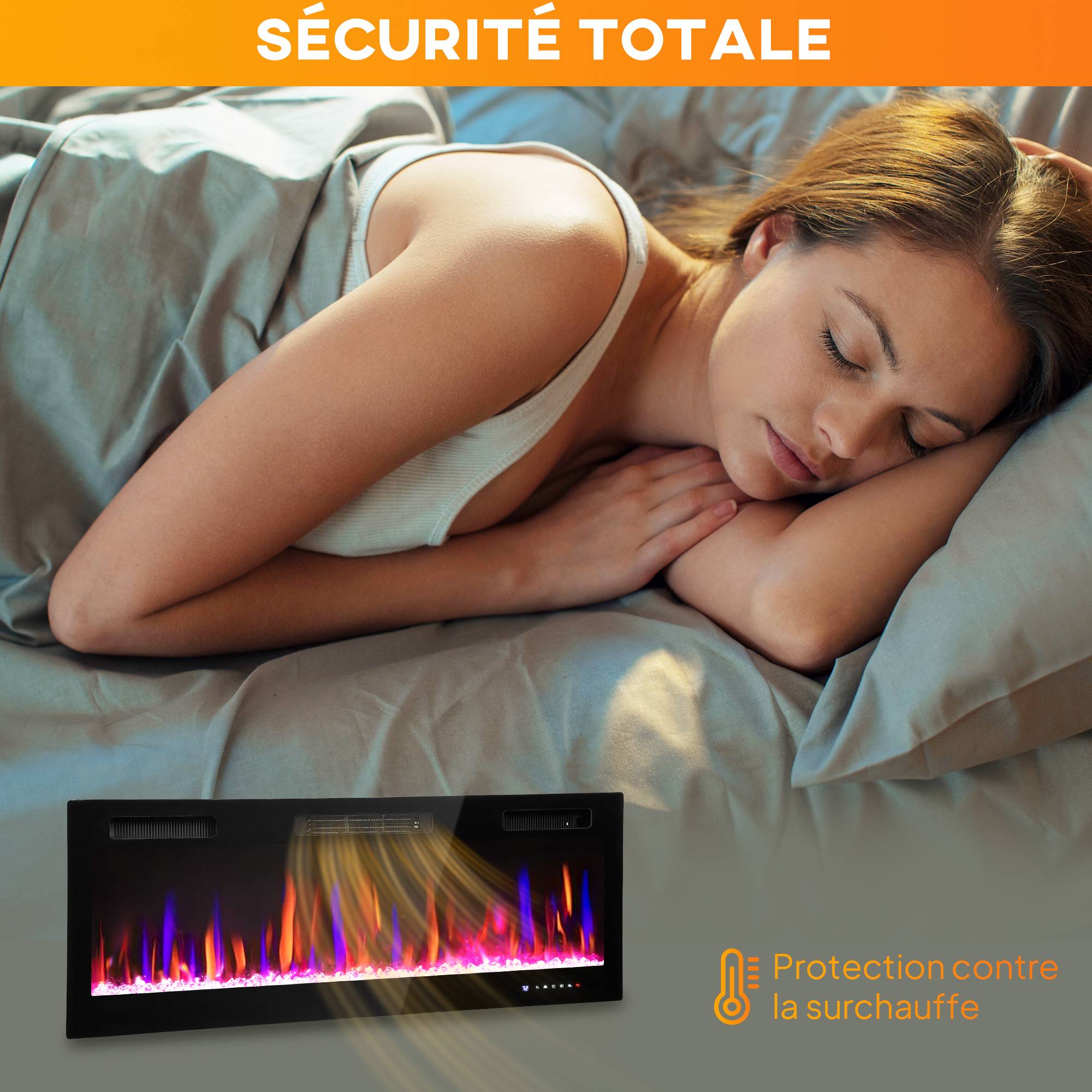Cheminée électrique mural ou encastrable 900W/1800W, effet flamme à 12 couleurs 5 luminosités, 127 x 9,4 x 47 cm, noir - Image 10