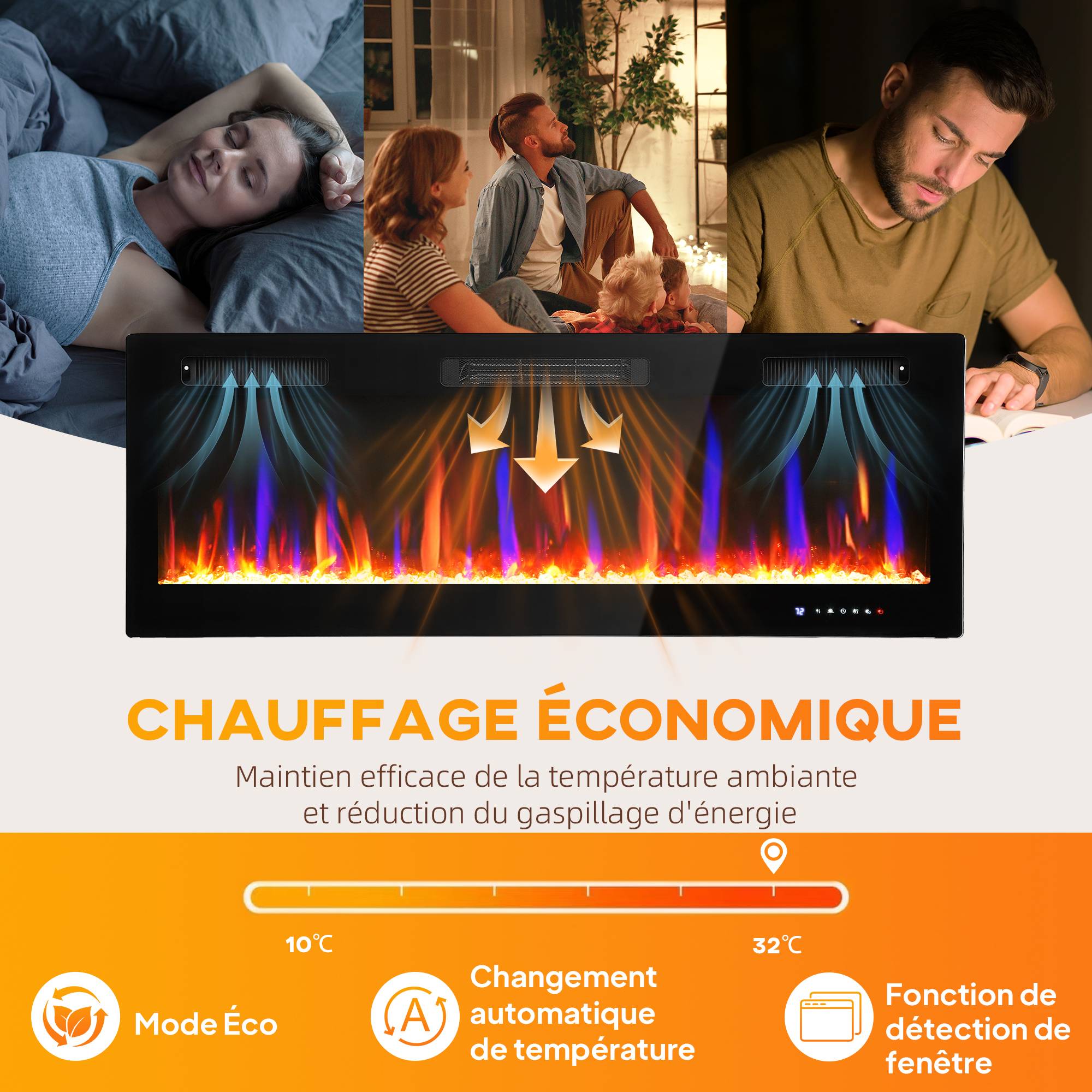 Cheminée électrique mural ou encastrable 900W/1800W, effet flamme à 12 couleurs 5 luminosités, 127 x 9,4 x 47 cm, noir - Image 8