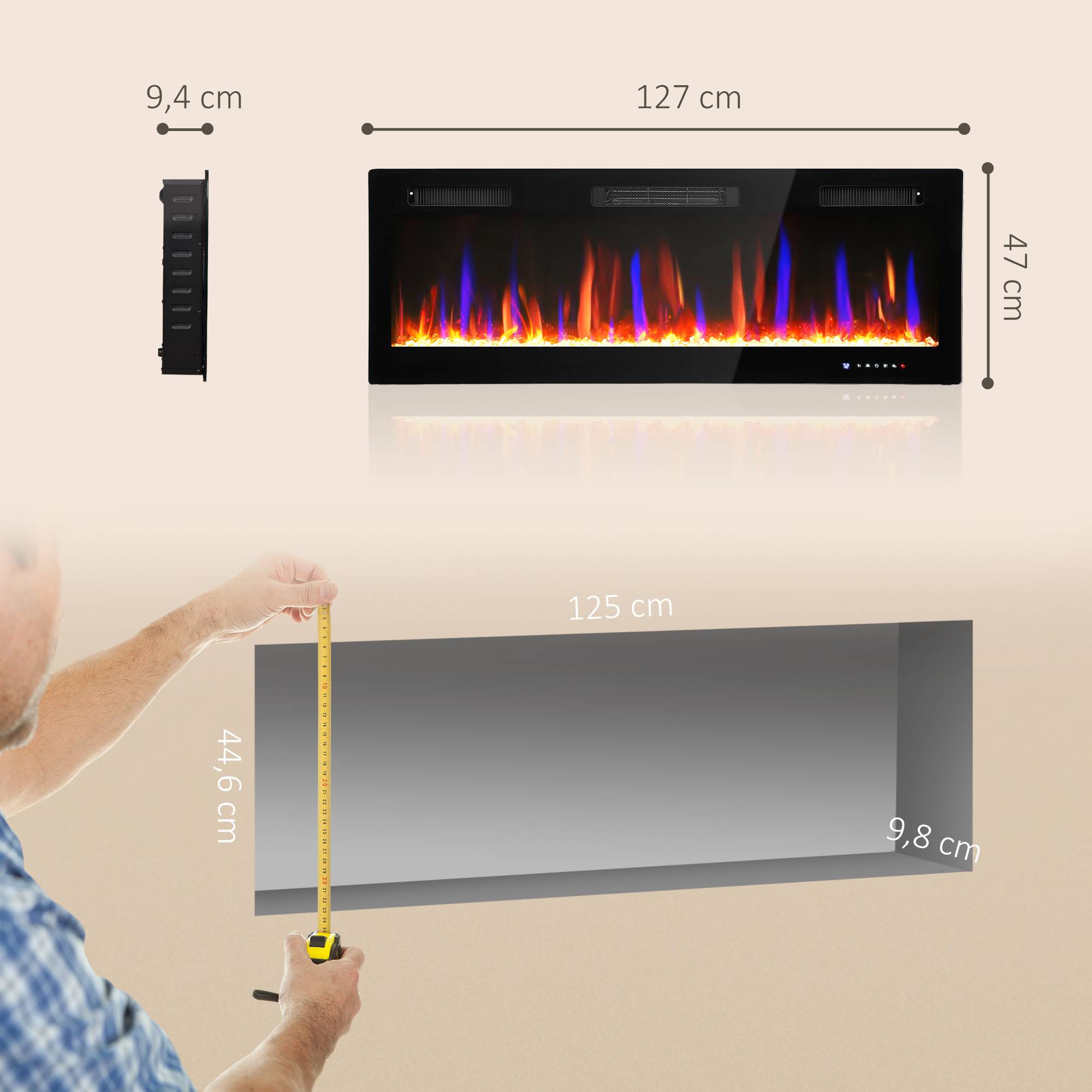 Cheminée électrique mural ou encastrable 900W/1800W, effet flamme à 12 couleurs 5 luminosités, 127 x 9,4 x 47 cm, noir - Image 5