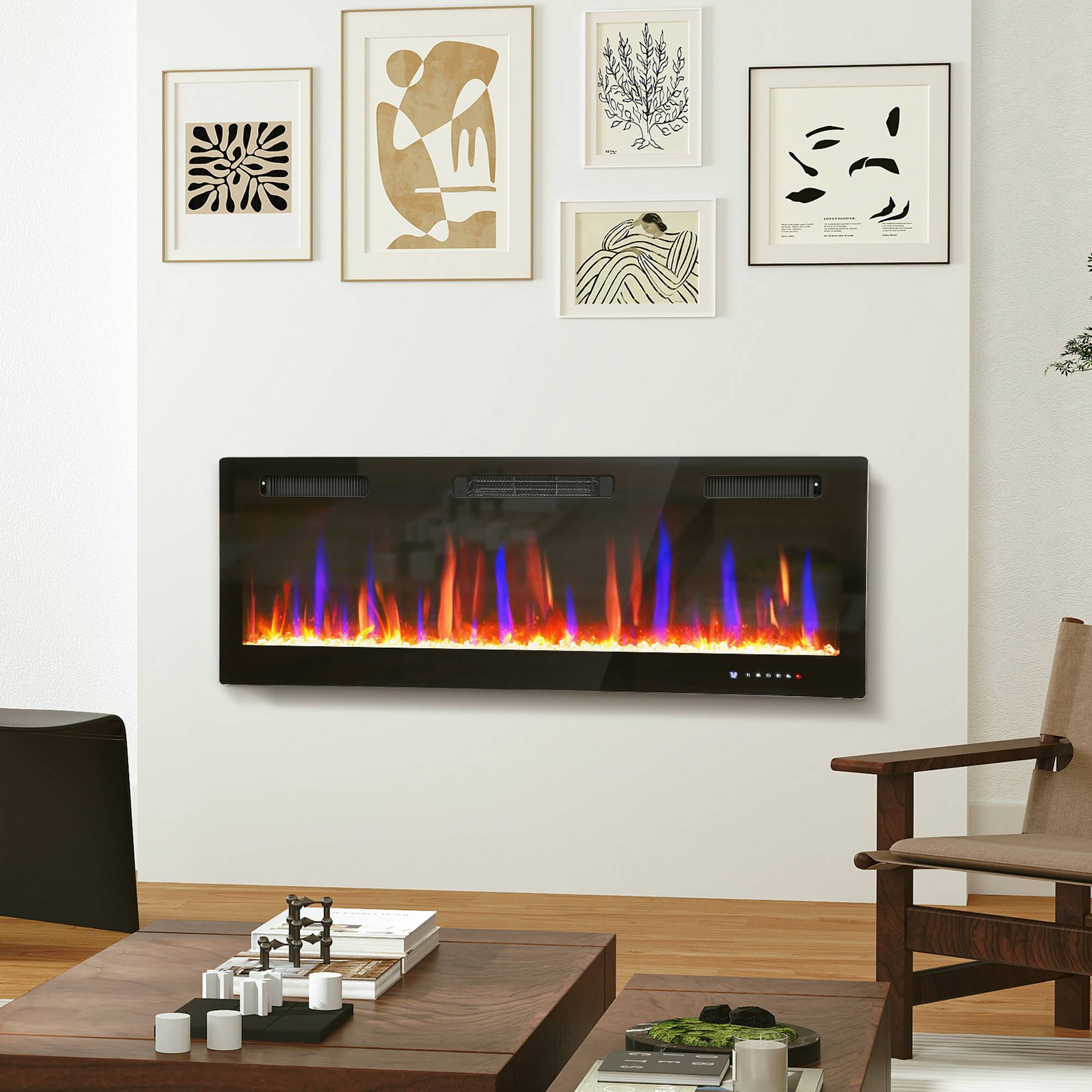Cheminée électrique mural ou encastrable 900W/1800W, effet flamme à 12 couleurs 5 luminosités, 127 x 9,4 x 47 cm, noir - Image 3