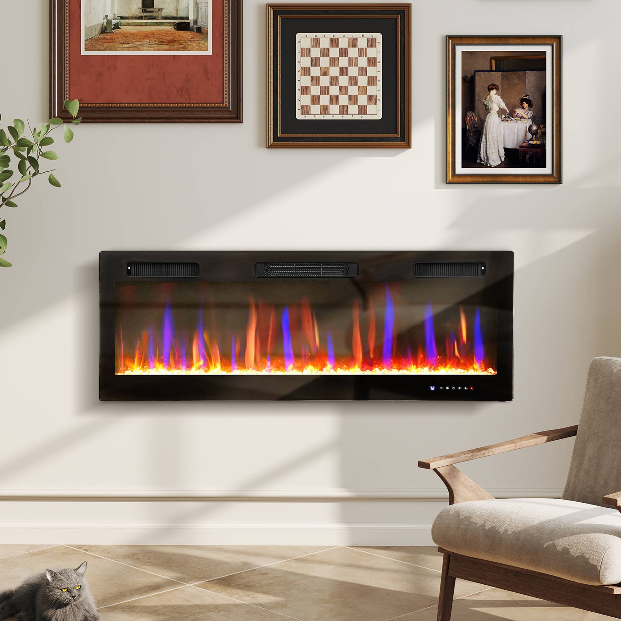 Cheminée électrique mural ou encastrable 900W/1800W, effet flamme à 12 couleurs 5 luminosités, 127 x 9,4 x 47 cm, noir - Image 4
