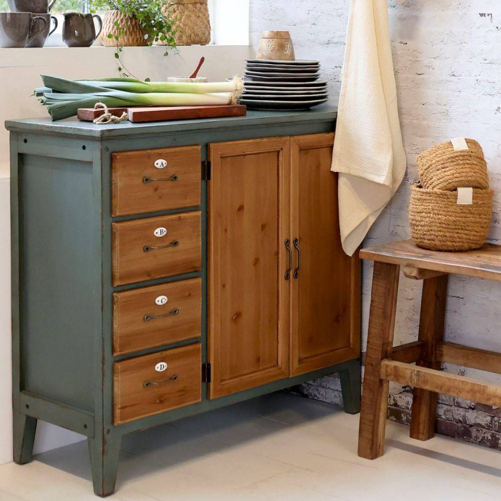Chemin De Campagne - Meuble buffet en bois de sapin bleu opale et marron 90 x 37 x 80.5 cm Chemin de campagne - Image 2