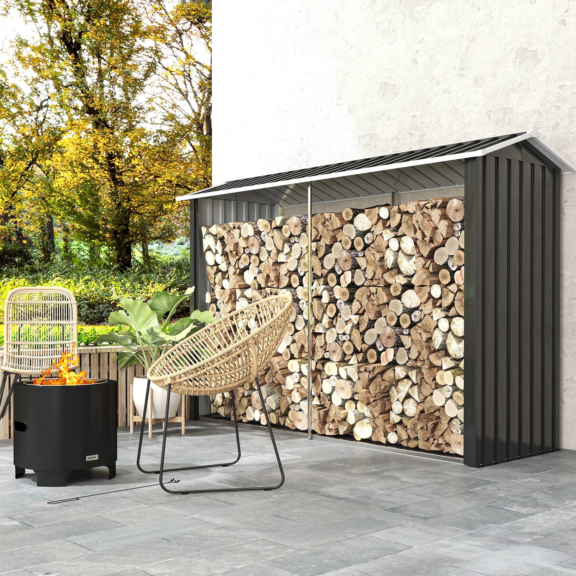 Abri à bois avec structure en acier galvanisé et base surélevée, 240 x 86 x 160 cm, noir - Image 4
