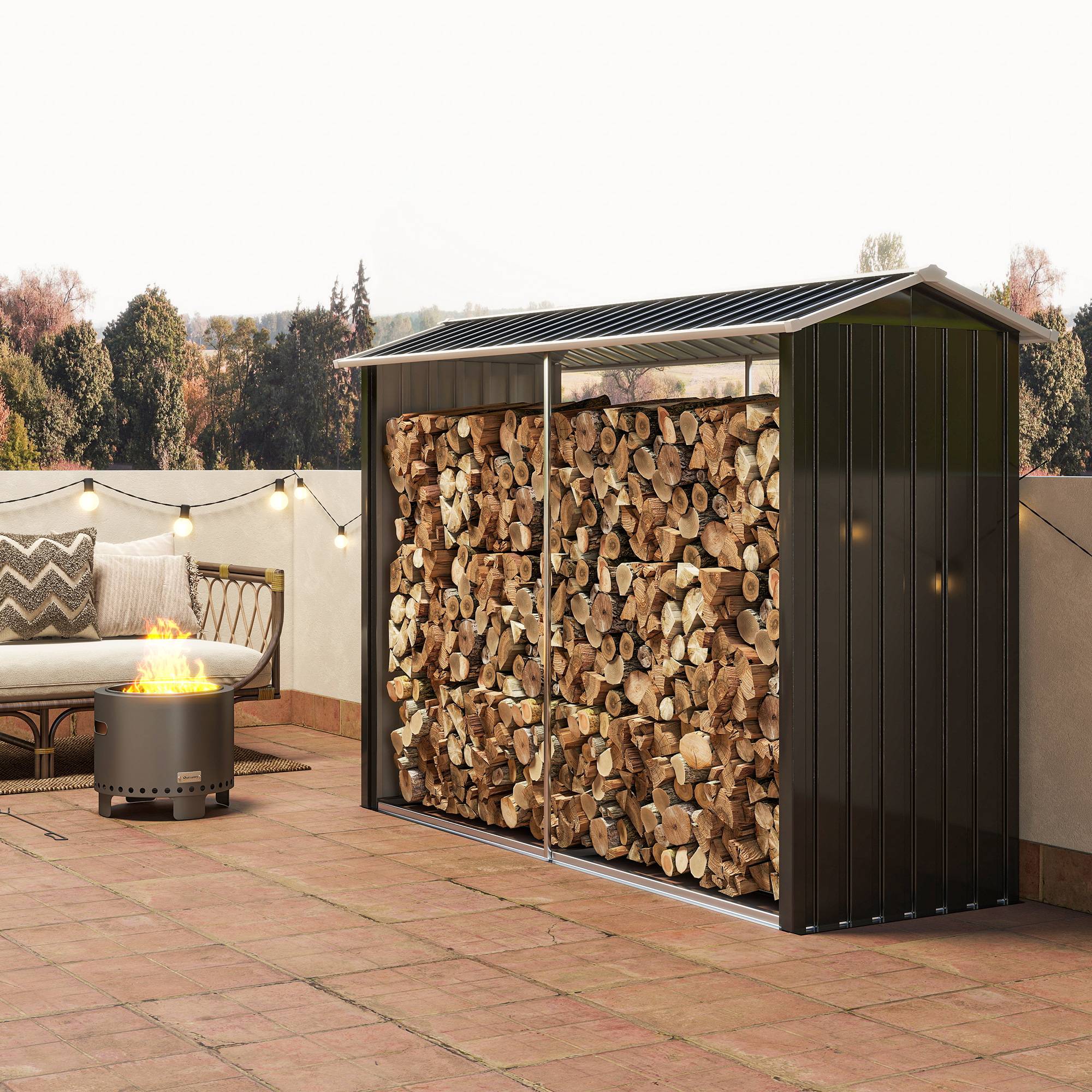 Abri à bois avec structure en acier galvanisé et base surélevée, 240 x 86 x 160 cm, noir - Image 9