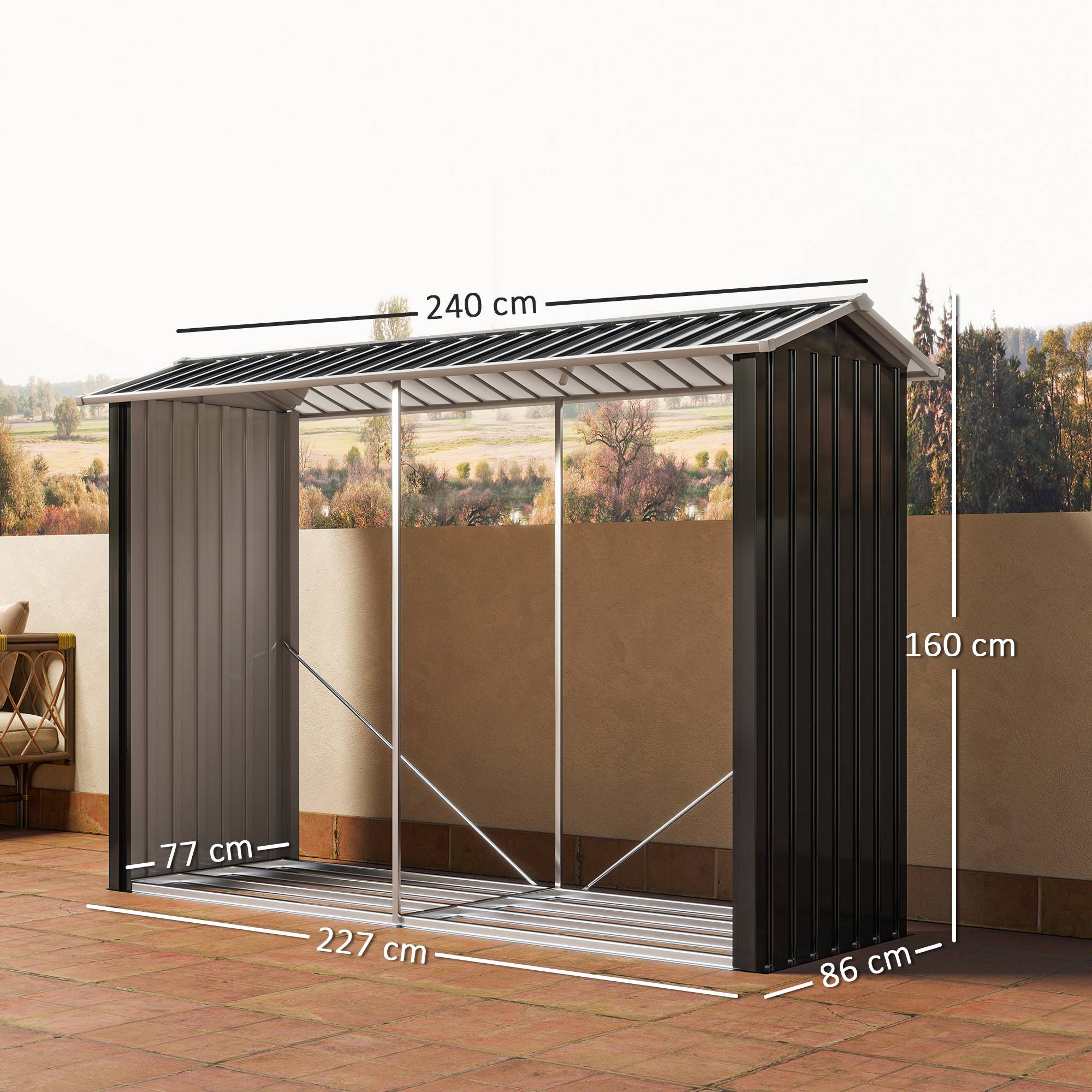 Abri à bois avec structure en acier galvanisé et base surélevée, 240 x 86 x 160 cm, noir - Image 5
