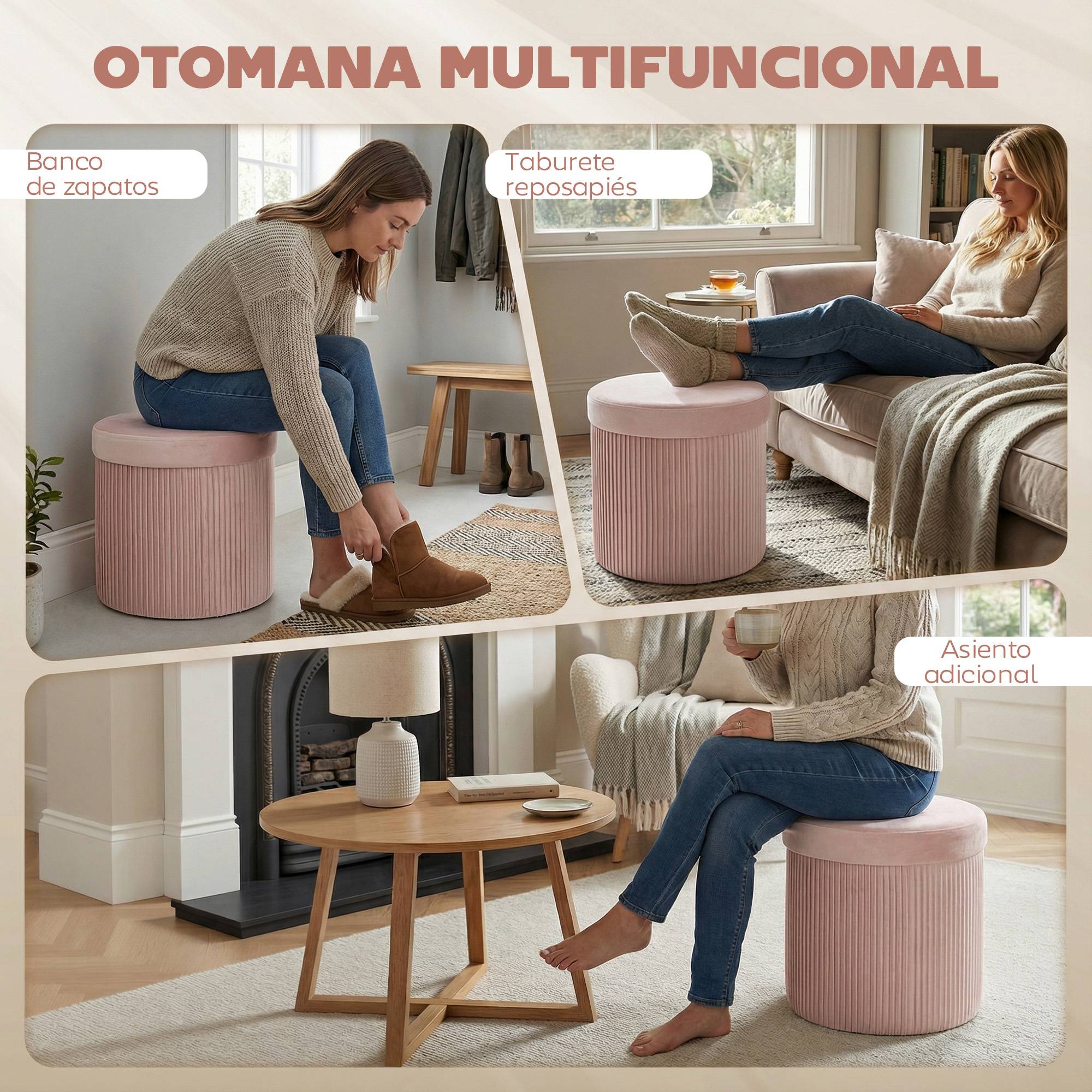 Banc coffre de rangement ottoman, coffre de rangement pliable, 35 L, 38 x 38 x 38 cm, revêtement en velours, coffre de rangement rond rose - Image 9