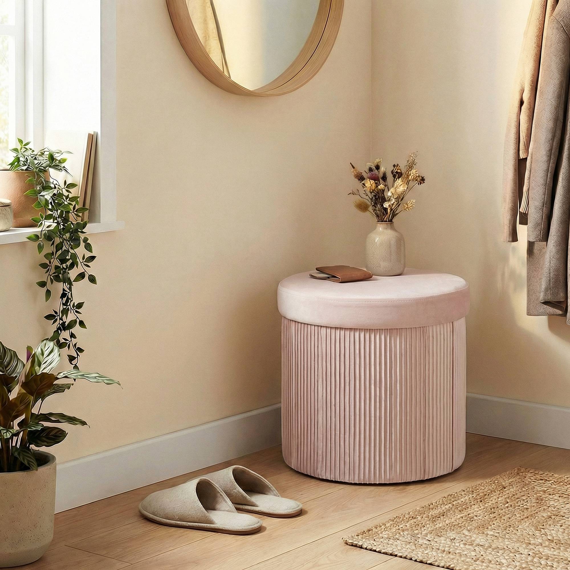 Banc coffre de rangement ottoman, coffre de rangement pliable, 35 L, 38 x 38 x 38 cm, revêtement en velours, coffre de rangement rond rose - Image 4