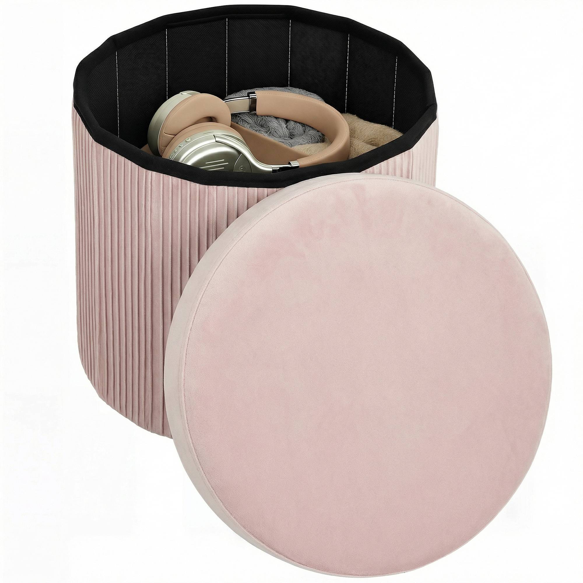 Banc coffre de rangement ottoman, coffre de rangement pliable, 35 L, 38 x 38 x 38 cm, revêtement en velours, coffre de rangement rond rose - Image 1