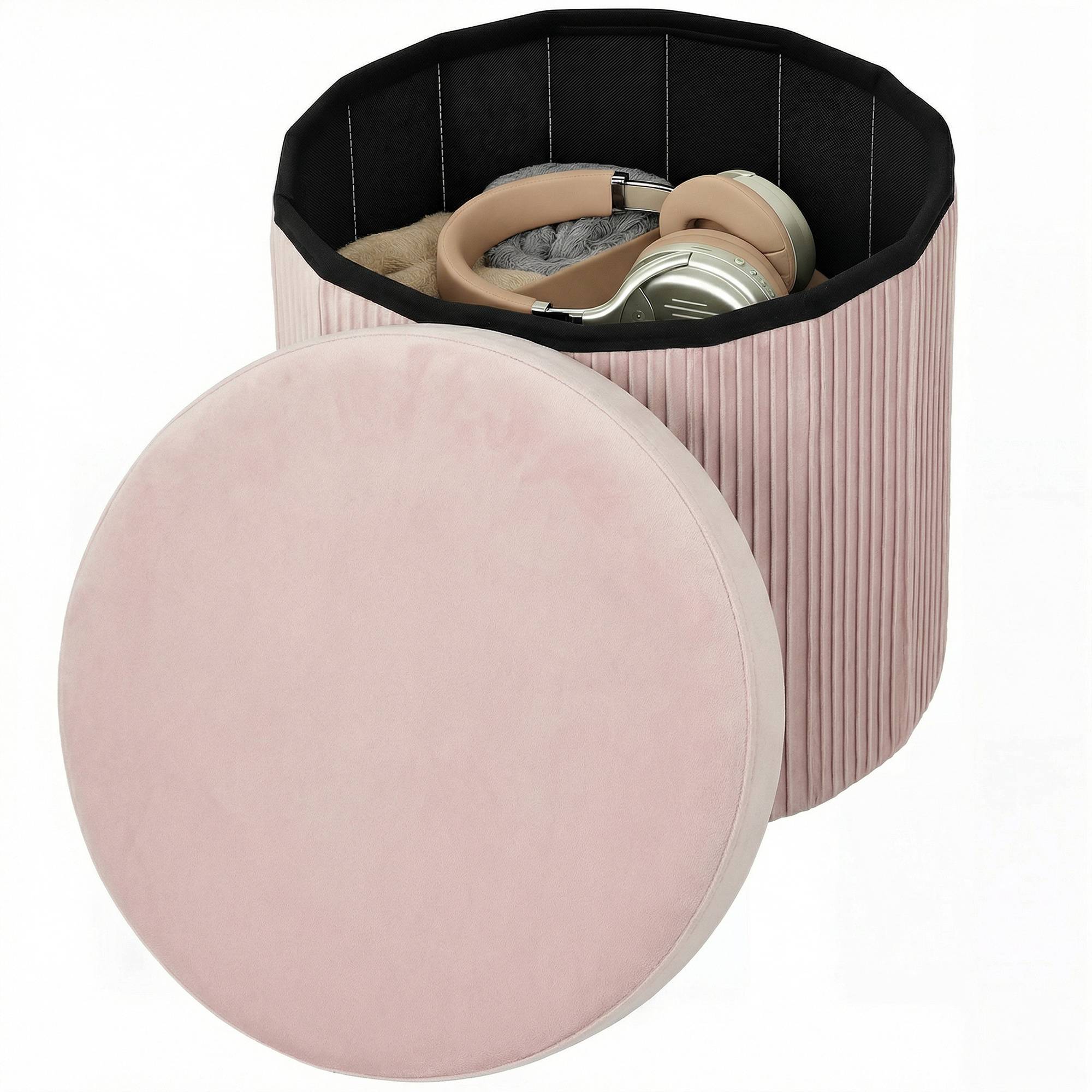 Banc coffre de rangement ottoman, coffre de rangement pliable, 35 L, 38 x 38 x 38 cm, revêtement en velours, coffre de rangement rond rose - Image 2