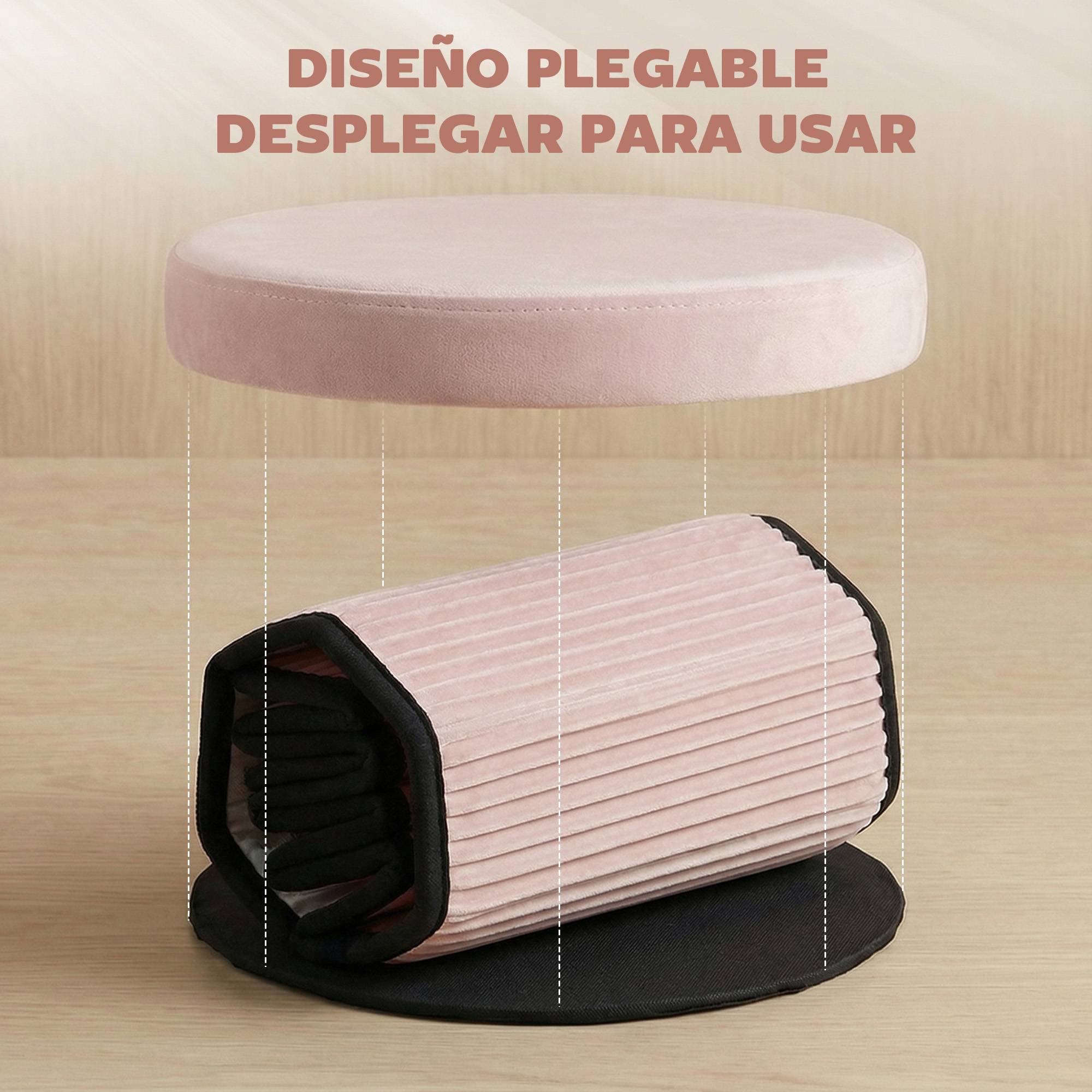 Banc coffre de rangement ottoman, coffre de rangement pliable, 35 L, 38 x 38 x 38 cm, revêtement en velours, coffre de rangement rond rose - Image 7