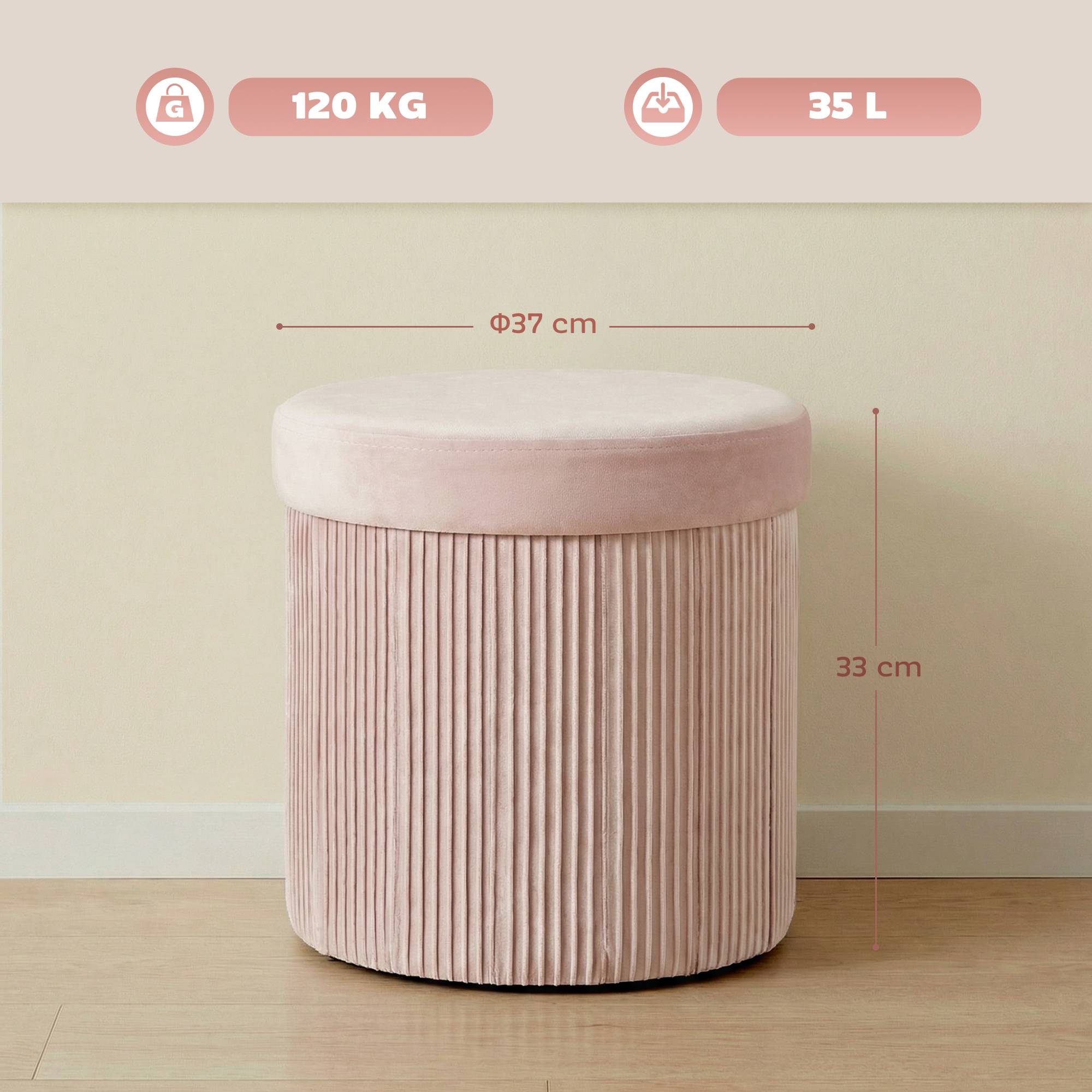 Banc coffre de rangement ottoman, coffre de rangement pliable, 35 L, 38 x 38 x 38 cm, revêtement en velours, coffre de rangement rond rose - Image 5