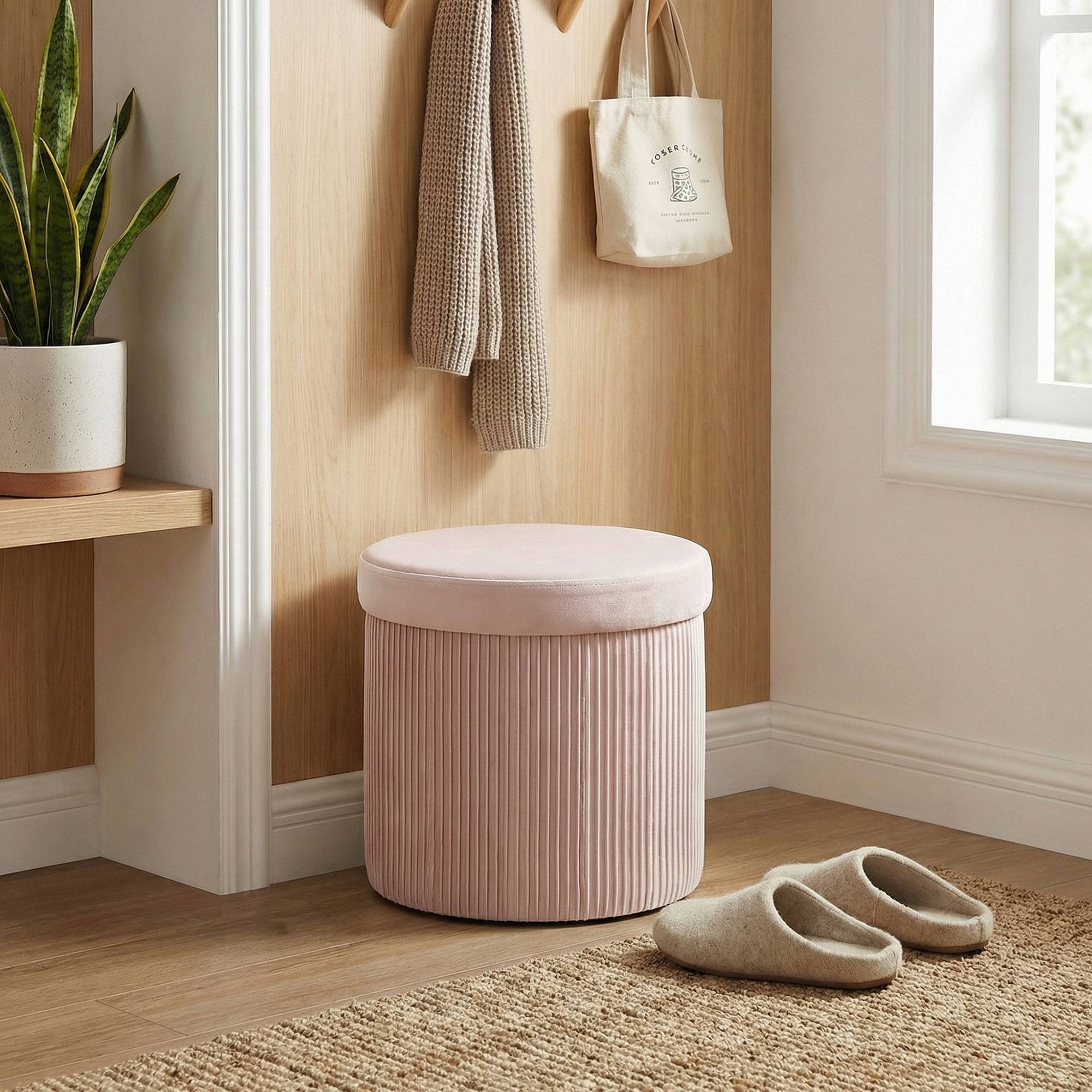 Banc coffre de rangement ottoman, coffre de rangement pliable, 35 L, 38 x 38 x 38 cm, revêtement en velours, coffre de rangement rond rose - Image 3