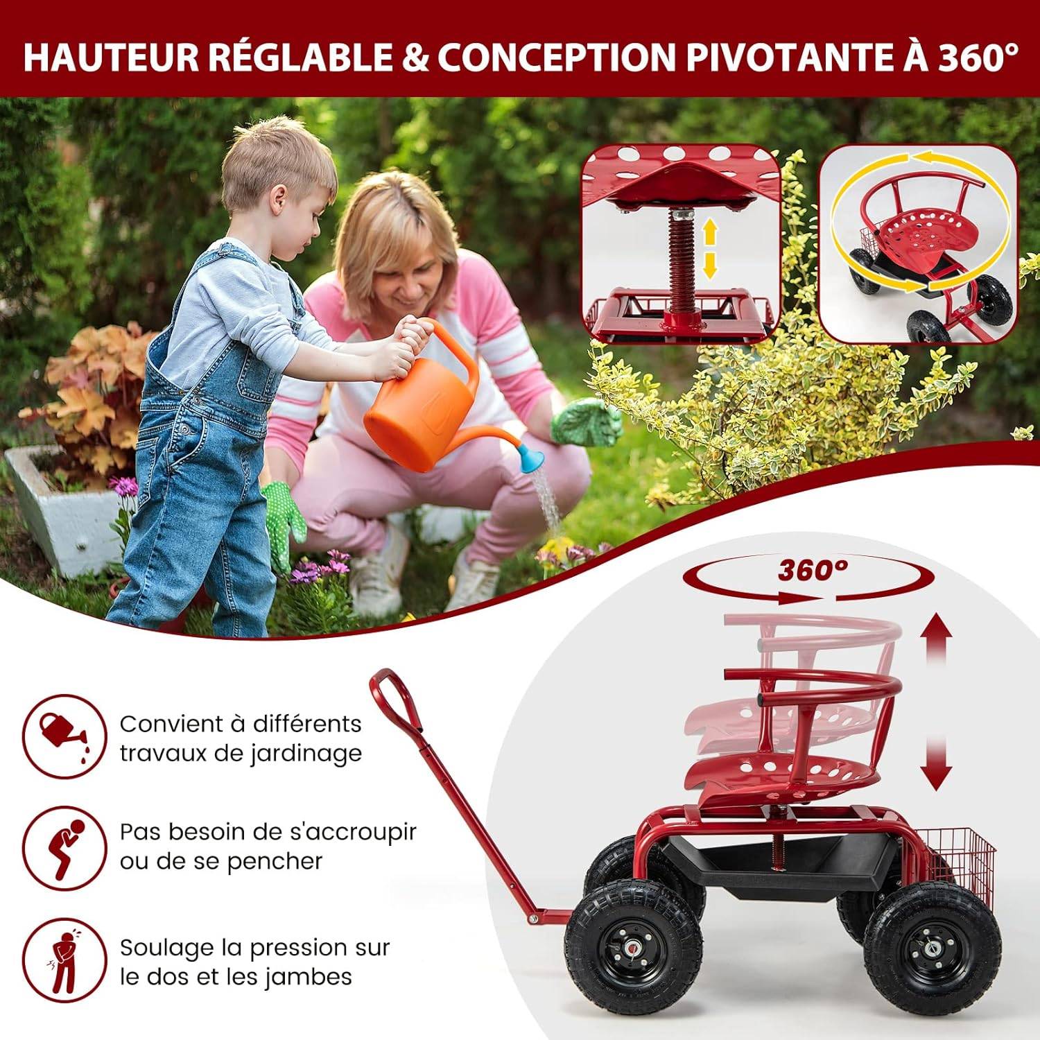 Costway - Siège de Jardin Roulant pour Travail avec Poignée Extensible,Charge 150KG - Image 1