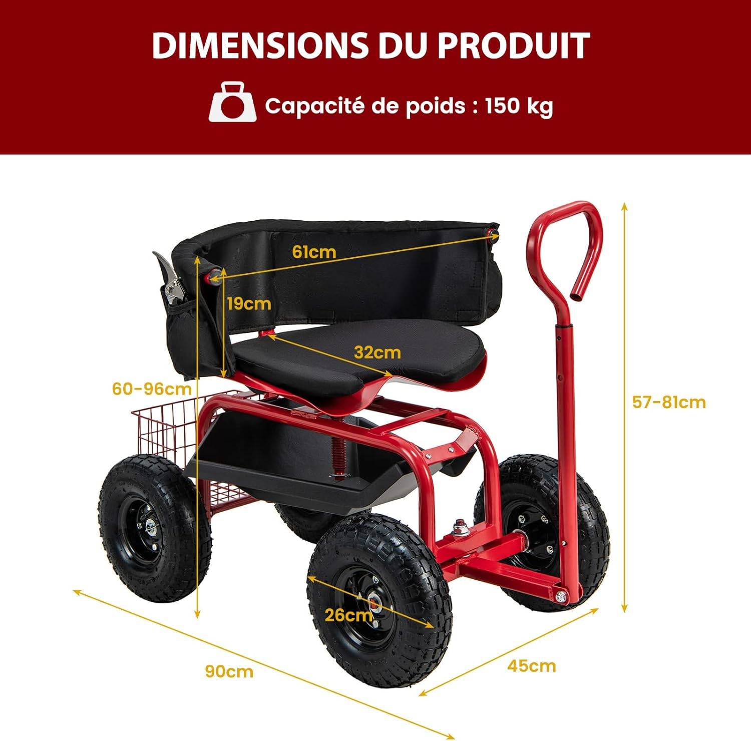 GOPLUS Chariot De Jardin Mobile Avec Siège Pivotant Réglable - Roulettes, Poignée, Charge 150kg (Rouge)