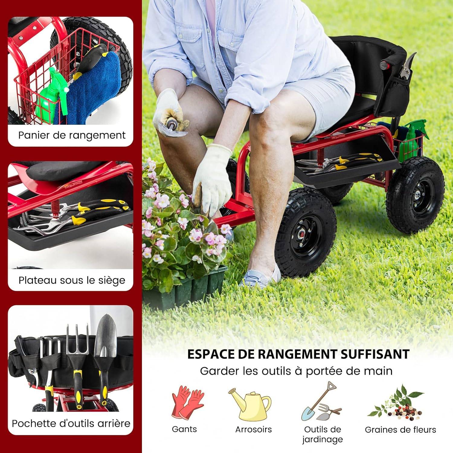 Costway - Siège de Jardin Roulant pour Travail avec Poignée Extensible,Charge 150KG - Image 3