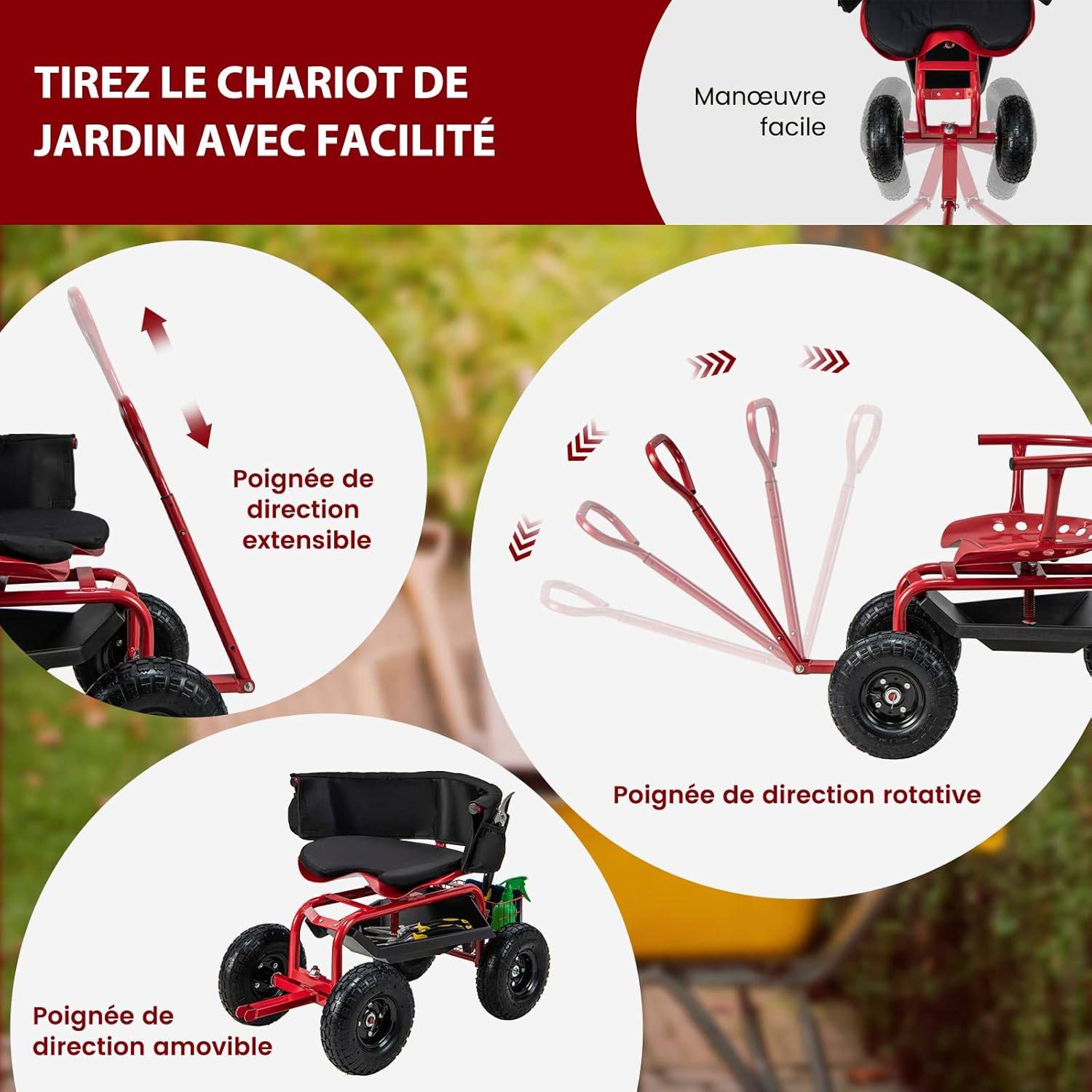 Costway - Siège de Jardin Roulant pour Travail avec Poignée Extensible,Charge 150KG - Image 2
