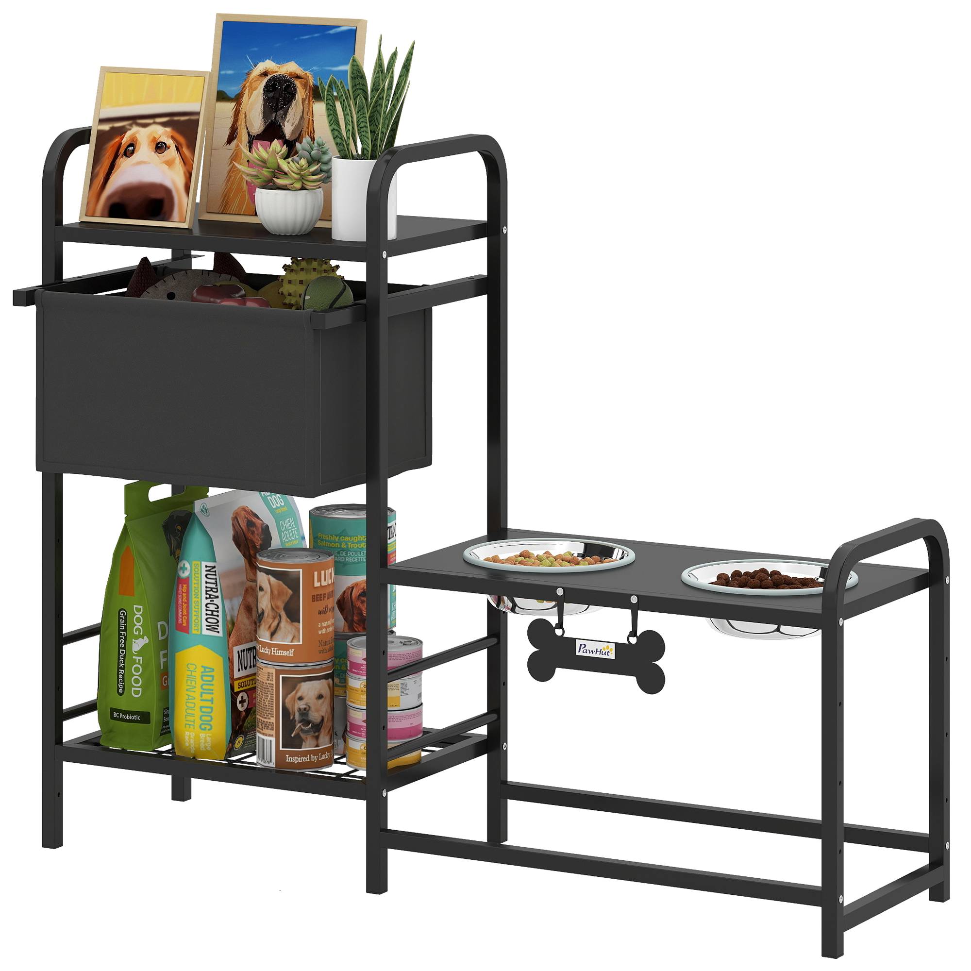 Sans Marque - Gamelle surélevée chien réglable en hauteur avec rangement, 2 gamelles 800ml inox, 89,5x27x74 cm, noire - Image 1