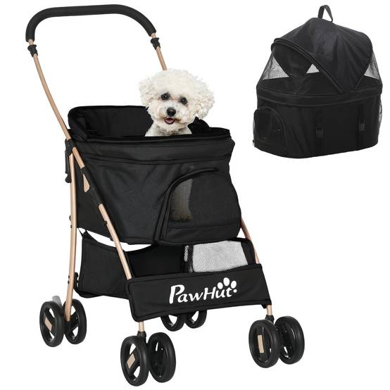 Poussette 3 en 1 pour petits chiens avec wagon détachable, panier de rangement, sangles de sécurité et coussin - Noir - Image 1