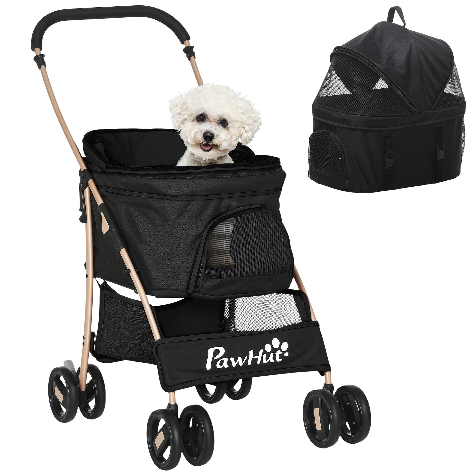 Poussette 3 en 1 pour petits chiens avec wagon détachable, panier de rangement, sangles de sécurité et coussin - Noir - Image 1