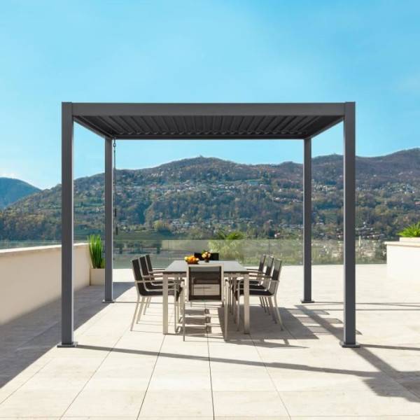 Pergola bioclimatique GAYA - Structure en aluminium et en acier - 290x290xH240 cm - Gris - Image 4
