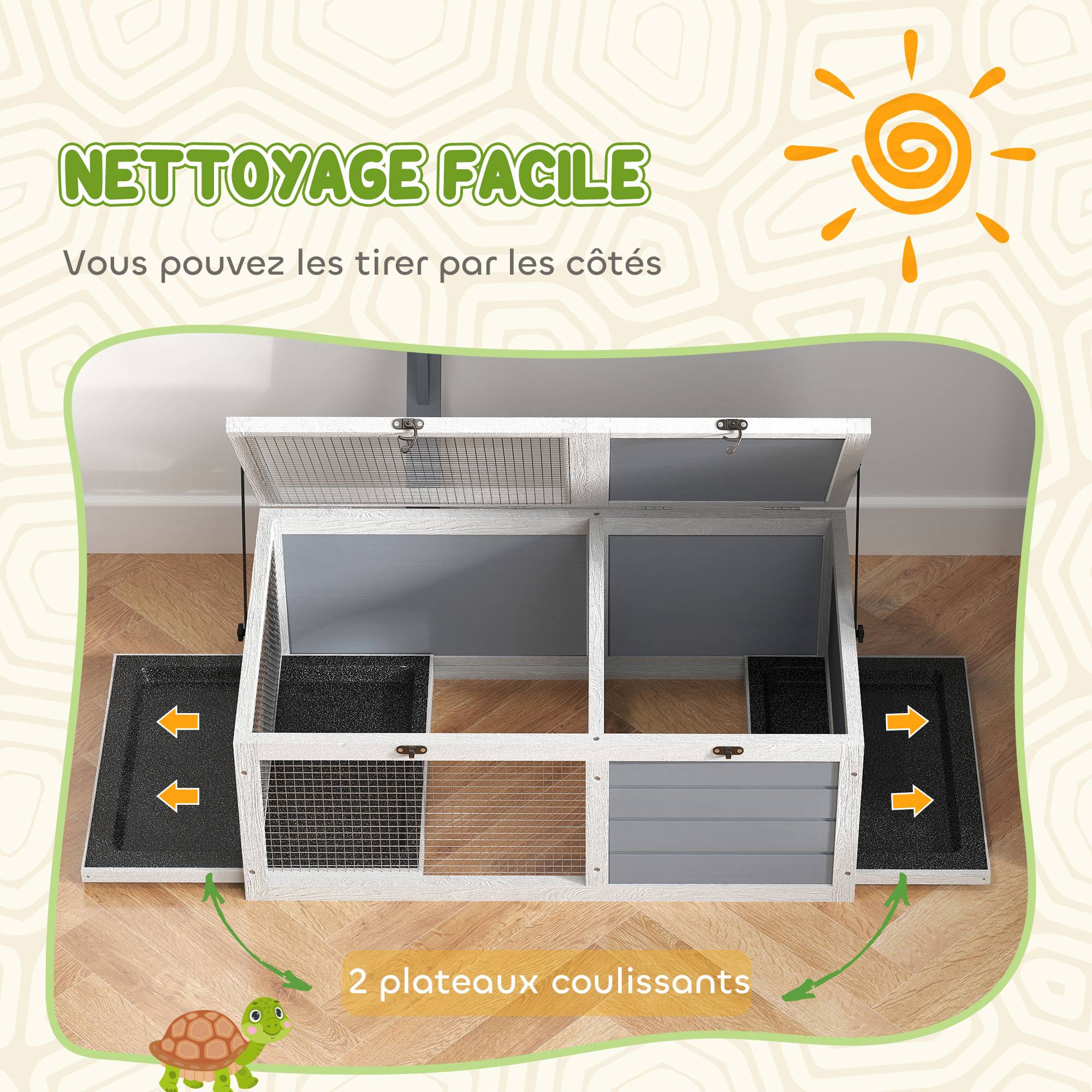 Maison enclos cage pour petit animal tortue avec 2 espaces support de lampe 81 x 48 x 31,5 cm gris - Image 8