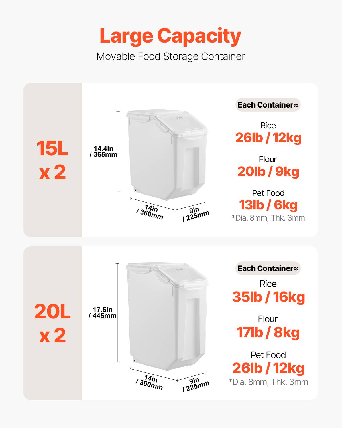 VEVOR Conteneur stockage riz 4pcs, 2x15L/2x20L, hermétique, roues, tasse mesure, alimentaire. - Image 2