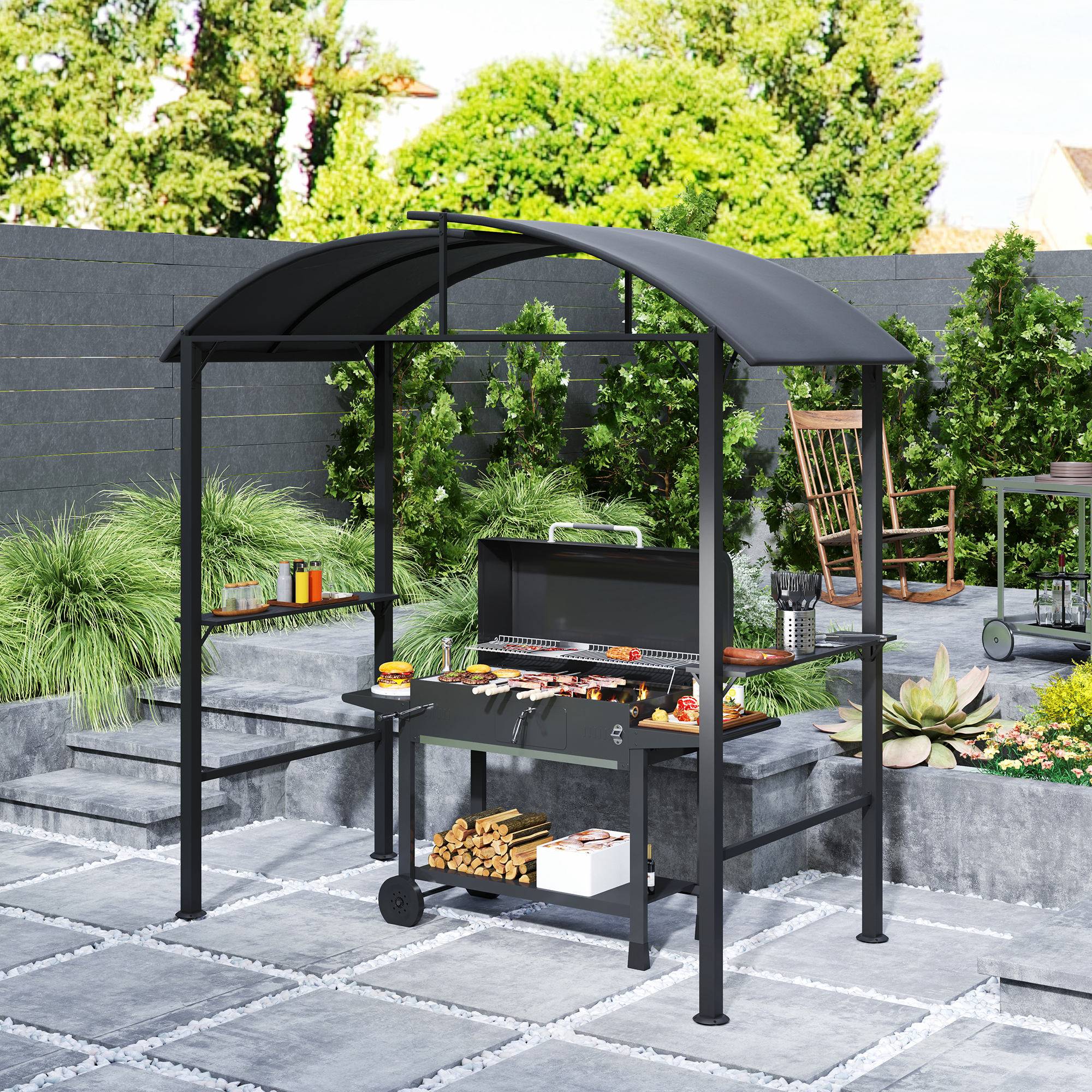 Tonnelle Barbecue Acier Jardin Double Toit Ventilé Étagères Latérales 233x110cm Gris - ComfortXL Outdoor Living - Image 1