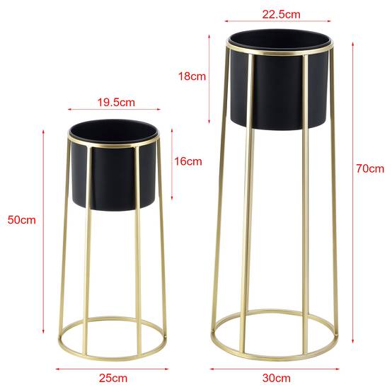 Set de 2 supports de plantes ensemble pot de fleur lot cache-pot ensemble bac à fleurs vase métal tailles différentes doré noir - Image 1