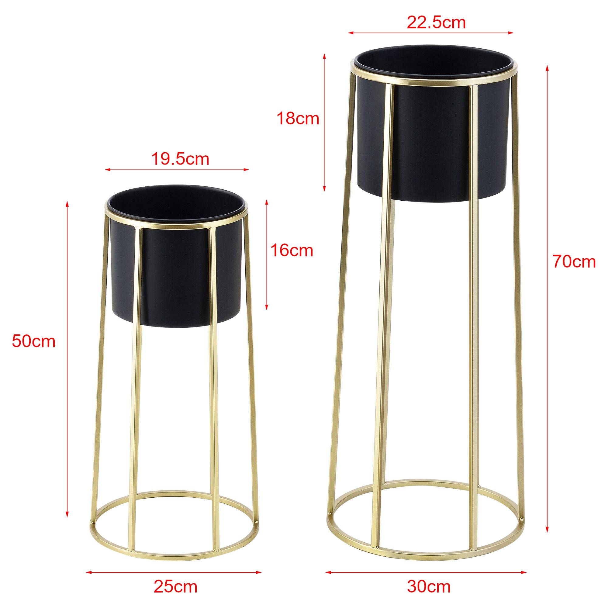 Set de 2 supports de plantes ensemble pot de fleur lot cache-pot ensemble bac à fleurs vase métal tailles différentes doré noir - Image 1