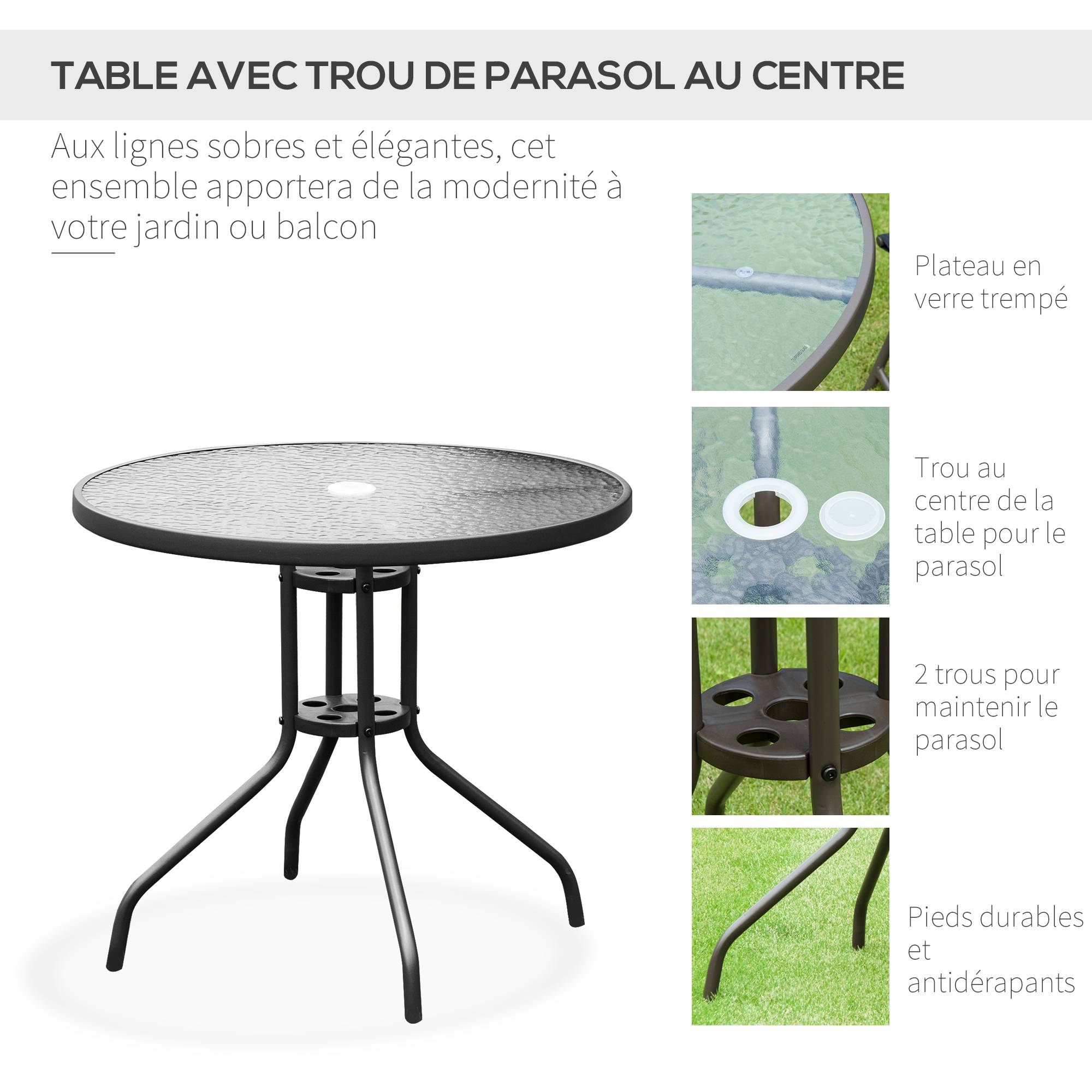 Outsunny - Ensemble salon de jardin 6 pcs - table ronde + 4 chaises pliables + parasol - acier époxy café textilène polyester noir - Outsunny - Image 7