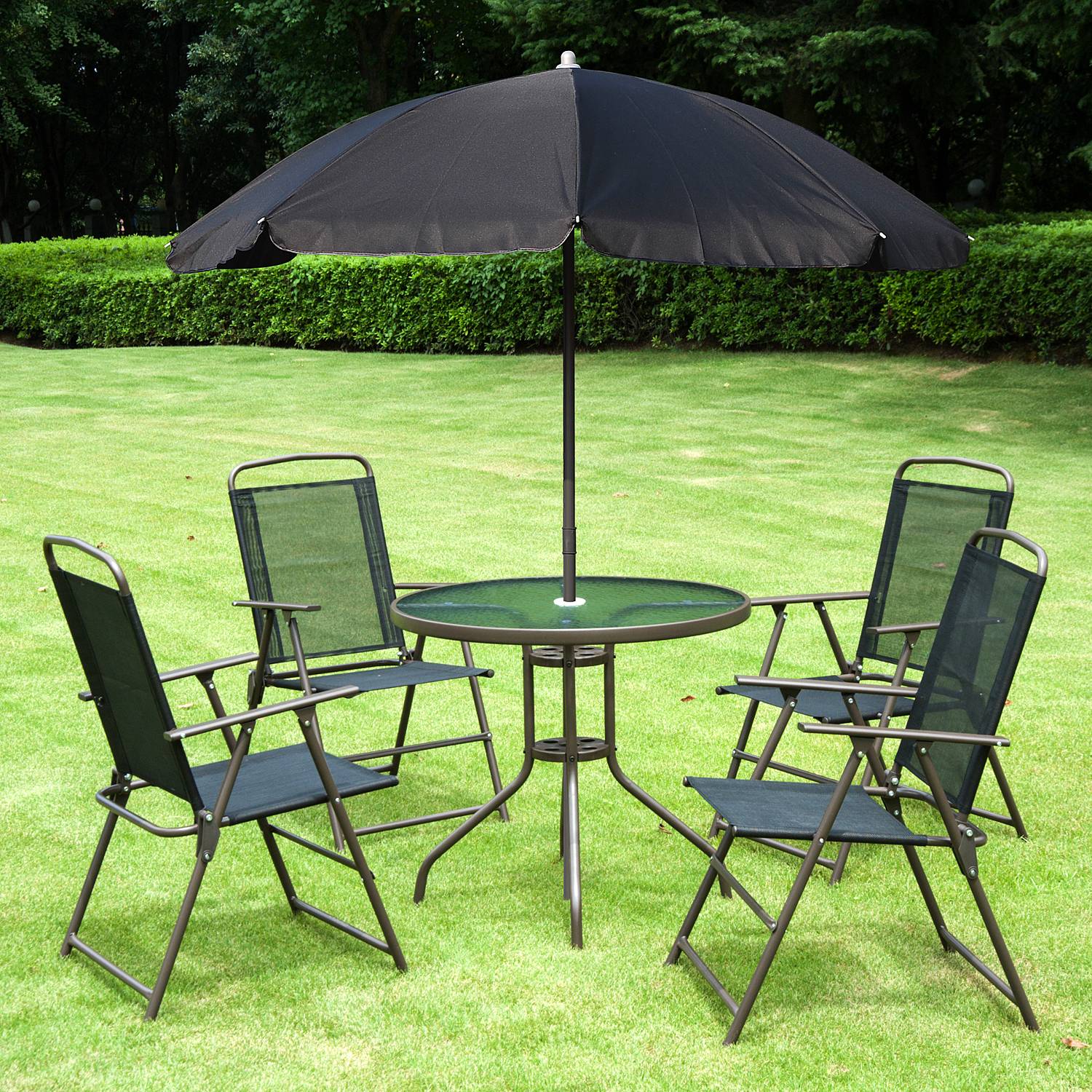 Outsunny - Ensemble salon de jardin 6 pcs - table ronde + 4 chaises pliables + parasol - acier époxy café textilène polyester noir - Outsunny - Image 2