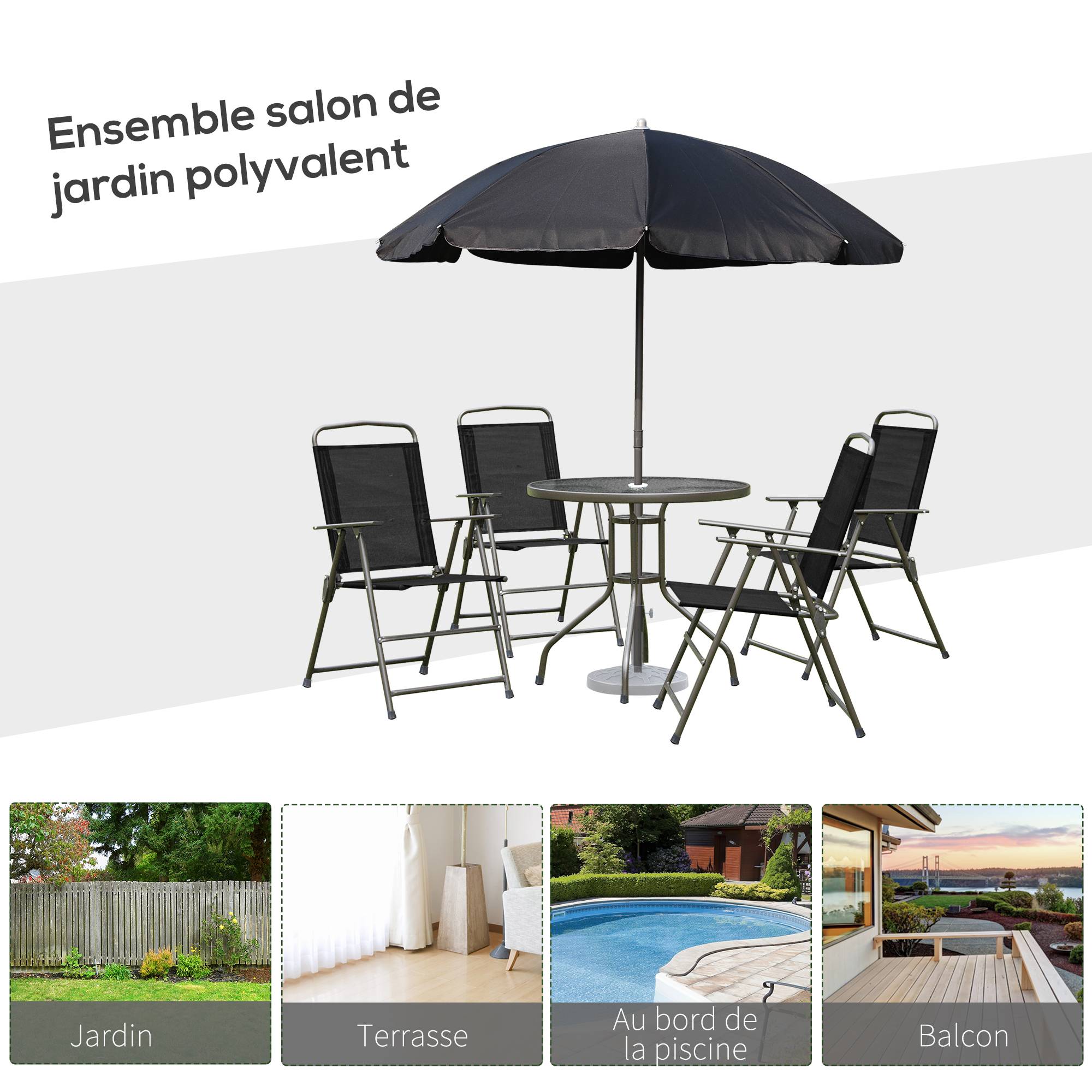 Outsunny - Ensemble salon de jardin 6 pcs - table ronde + 4 chaises pliables + parasol - acier époxy café textilène polyester noir - Outsunny - Image 6