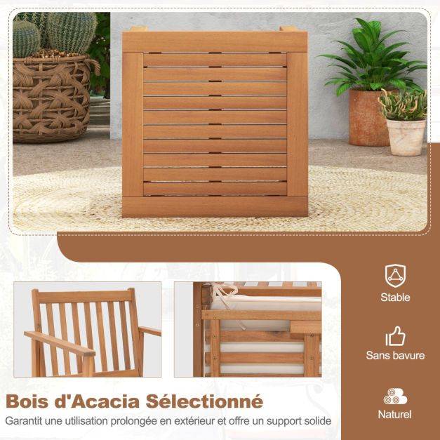 Helloshop26 - 3pcs salon de jardin en bois d'acacia conception à lattes coussins doux ensemble de table et 2 chaises salon terrasse naturel - Image 4