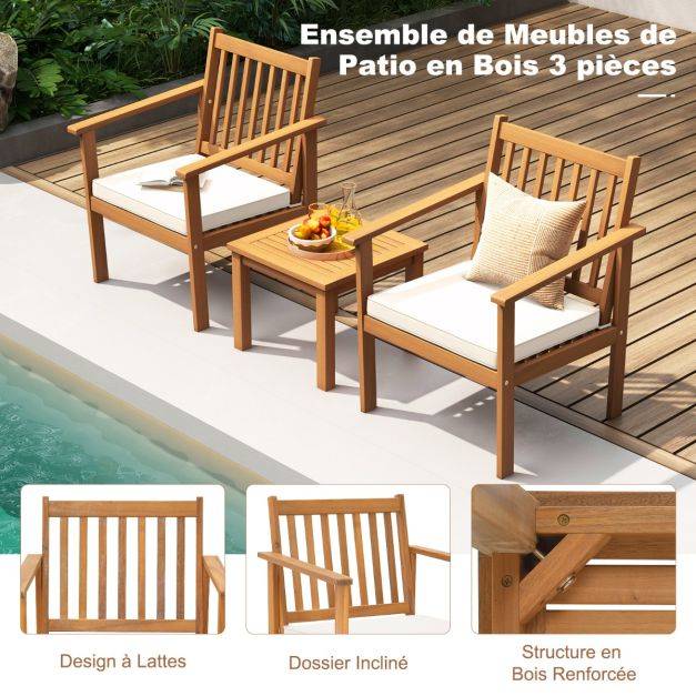 Helloshop26 - 3pcs salon de jardin en bois d'acacia conception à lattes coussins doux ensemble de table et 2 chaises salon terrasse naturel - Image 3