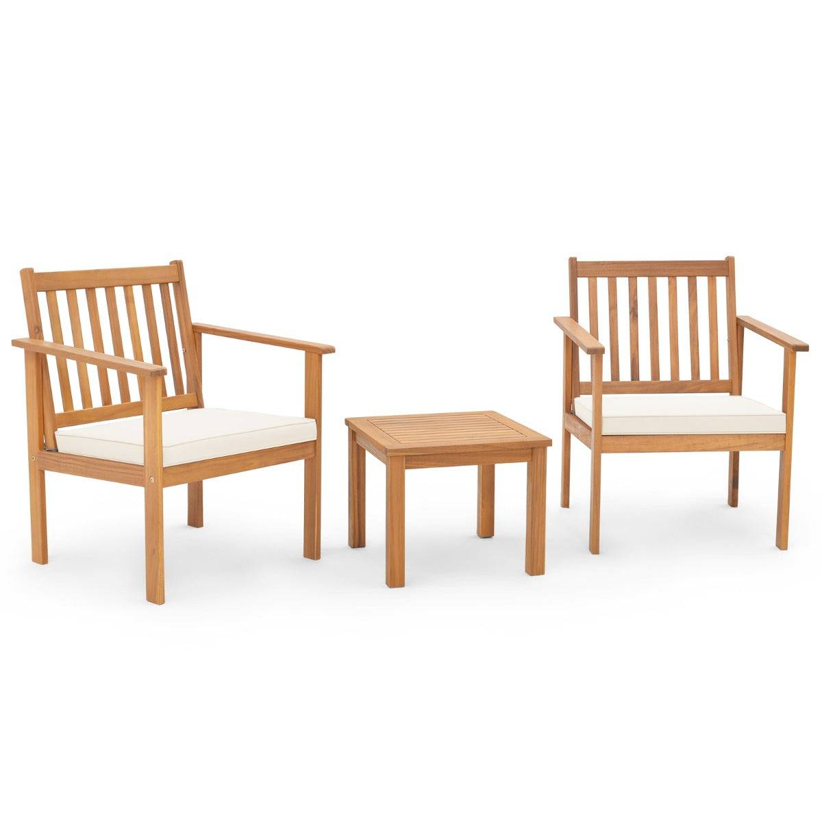 Helloshop26 - 3pcs salon de jardin en bois d'acacia conception à lattes coussins doux ensemble de table et 2 chaises salon terrasse naturel - Image 1
