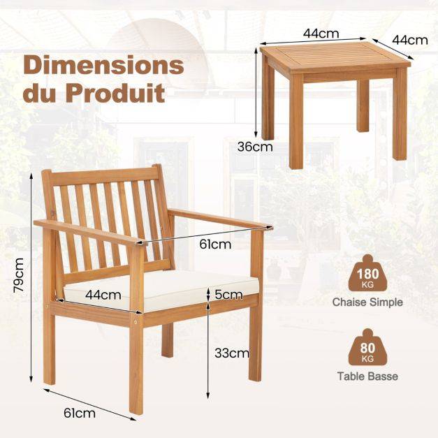 Helloshop26 - 3pcs salon de jardin en bois d'acacia conception à lattes coussins doux ensemble de table et 2 chaises salon terrasse naturel - Image 5